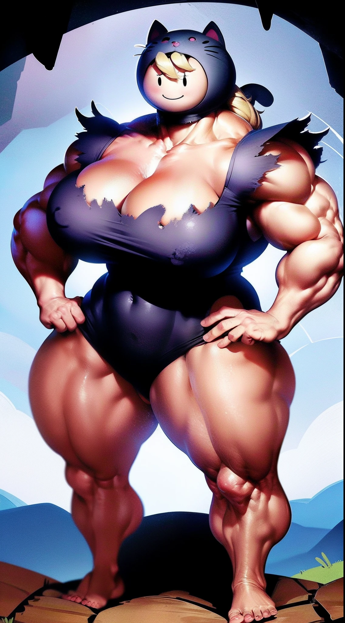 susanstrong,muscular,blonde hair,thick, small black dot eyes, standing, smiling, , friendly, hands on hips, susDres,cat hood , torn dress ,cleavage,cat ears, , cartoon background, grassland, mountains, (insanely detailed, beautiful detailed face, masterpiece,best quality) full body,feet