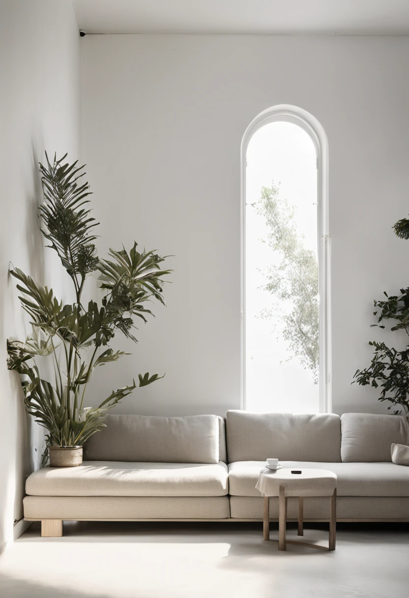 Vista ararfed de um quarto com uma grande janela e um piso de madeira, parede branca interior, Quarto branco vazio, parede de fundo branco, sentado em uma sala branca vazia, fundo interior, parede branca, studio white background, white floor, minimalismo elegante, design minimalista, Paredes brancas, dentro da sala branca, ambiente minimalista, fundo liso, basic white background (( Add a large television, a sofa, duas poltronas, quadros na parede, vasos com flores))