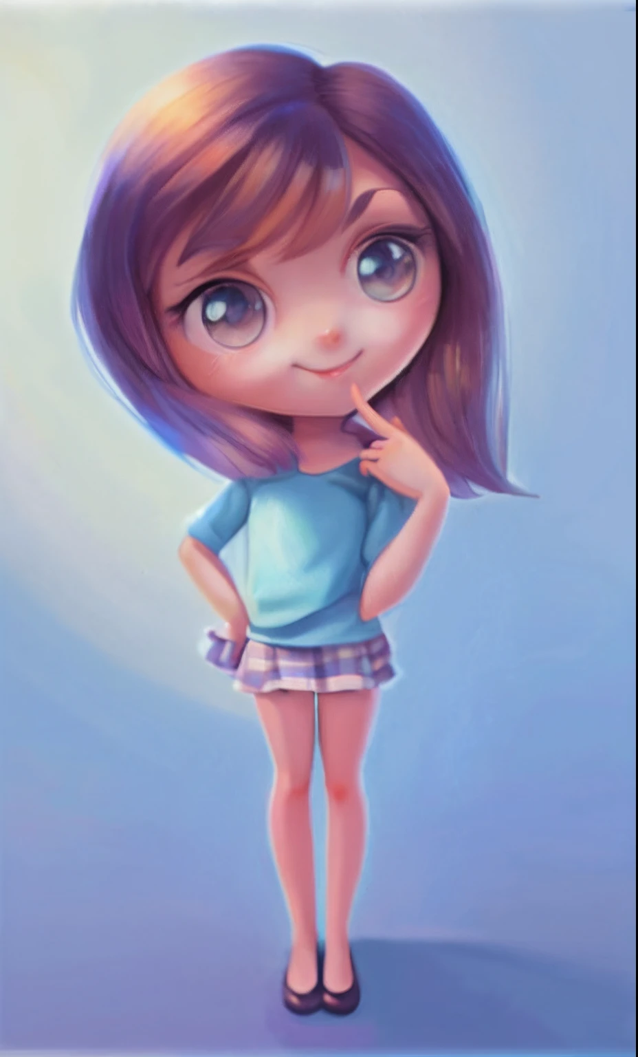 uma garota dos desenhos animados com uma camisa azul e saia posando para uma foto, painting digital adorable, arte digital bonito, personagem bonito dos desenhos animados, pintura realista da bonito, arte digital detalhada bonito, retrato bonito, pintura digital dos desenhos animados, personagem bonito, menina, arte fofa, arte dos desenhos animados, advanced digital chibi art, arte de pintura digital dos desenhos animados, kawaii retrato realista, estilo bonito dos desenhos animados