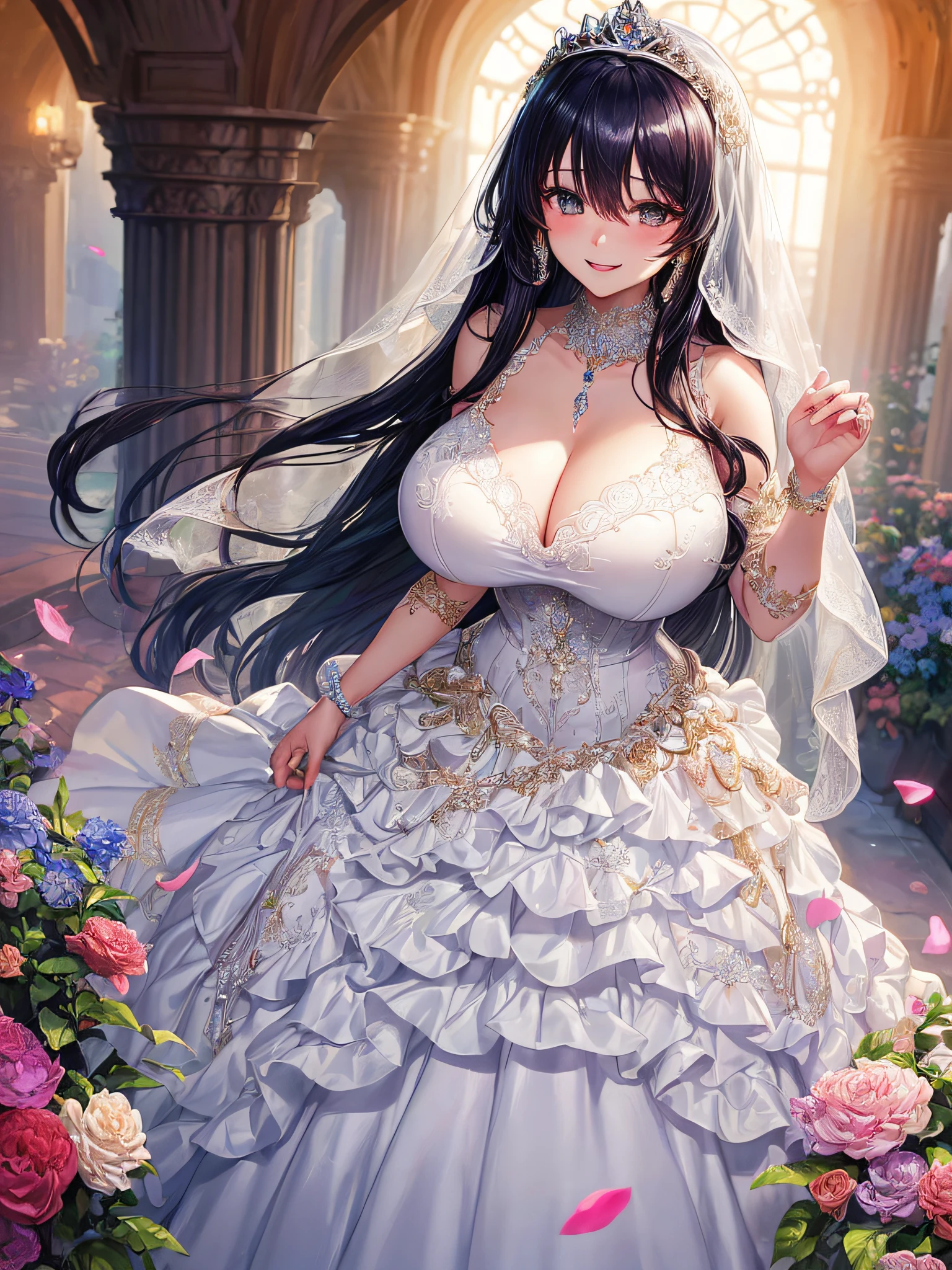 (masterpiece, best quality,anime art style:1.2),1girl, (solo), cute, kawaii,digital art,((1 fantasy princess wearing beautiful embroidery and jeweled gorgeous wedding dress with voluminous full length hoop skirt)),crinoline,((voluminous frills)),gorgeous embroidery and beautiful lace,(very gigantic boobs,cleavage,skindentation),((shiny hair,Bangs between eyes,voluminous straight hair,extremely Long straight Hair)),(finely detailed face and eye),smile,extremely gorgeousfull jeweled tiara,((bling-bling gorgeous gemstone jewelry)),long wedding veil,((standing in beautiful garden)),flowers,flower petals flowing,((beautiful embroidery and jeweled gorgeous wedding dress with voluminous full length hoop skirt))