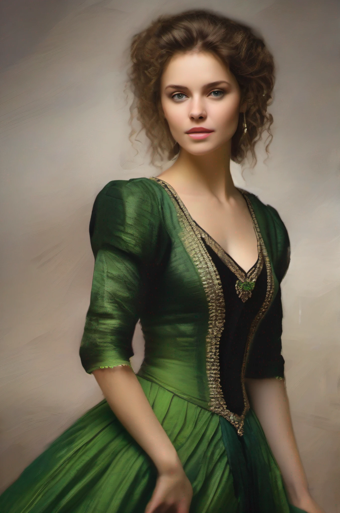 Hollywood photo of Rembrandt, perfect green eyes, front facing, FRONTAL VIEW, full pose,
fantastic face, caucasian, beautiful look, Detailed, elegant dress, In an Indian black formal dress,
Comb elegant hair, Blurred gray background tones, Ultra Focus, Illuminated face, The face is described in detail,
8K resolution, dyed, drybrush, brush strokes, Razumov style and Garmash style