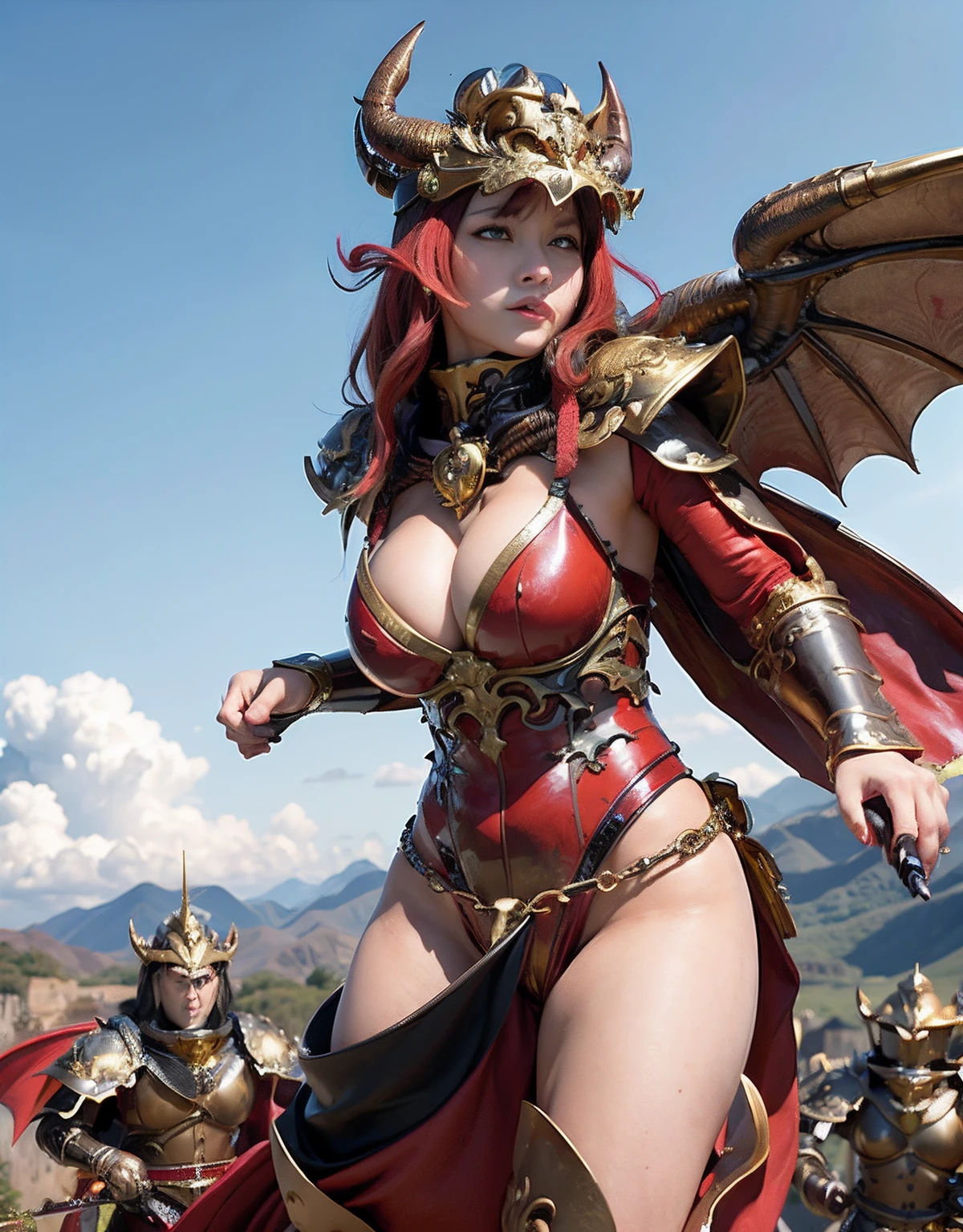 Professional , ​masterpiece、top-quality、photos realistic , depth of fields 、（Dragon Red Metal Body:1.９),(Enamel Red、（cleavage of the breast）、Dragon Gold Weapon、（Red Micro Bikini Armor:1.４),Gorgeous gold weapons ,(Riding a Demon Beast),（（ Dragon's dense and gorgeous sword）） , （demonic wings）、（（a blond））、（Castle background）、（（Gangle's forest background））、（（Fight dragons））、Beautiful Caucasian beauty、１a person、dynamic ungle,(((Detailed and ornate dragon helmet)))、Smaller head、A smile、Castle background、Thin and beautiful female hands、cleavage of the breast、Soldier in iron armor on background、Mystical expression、Light Effects、intense fighting、Wind-effect、magic circles、With the legendary magic wand、Dragon's tail、explosions、Anatomically correct body、