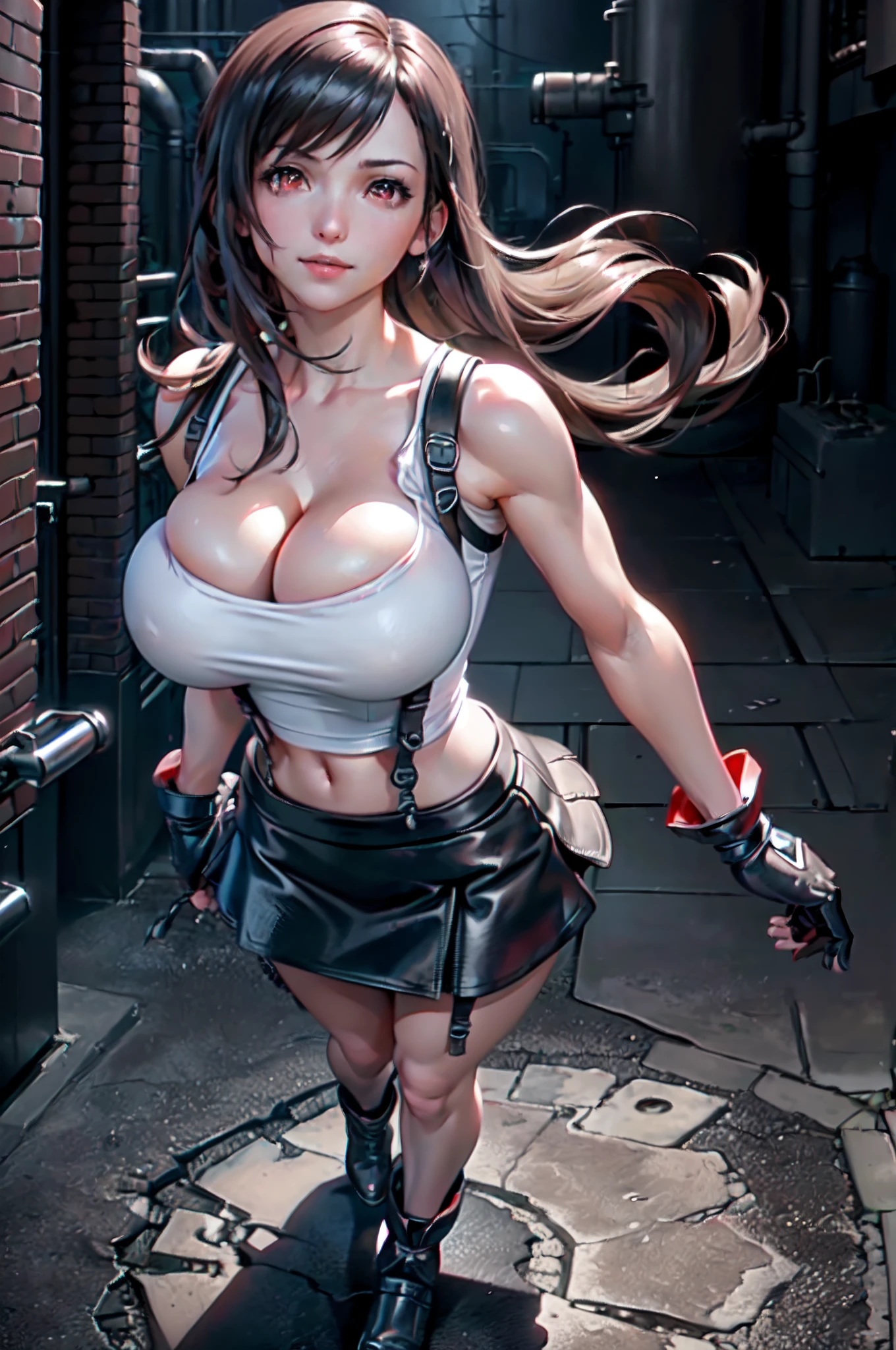 (8k, best quality, masterpiece:1.2), (realistic, photo-realistic:1.37), ultra-detailed, 1 girl,cute, solo, (tifa lockhart), ((huge breasts:1.6),(beautiful detailed eyes), (smile:1.4), winking (closed mouth), erotic pose, outside an industrial factory, depth of field, dark intense shadows, sharp focus, depth of field, good composition, Final Fantasy VII, (white tank top:1.3), (black leather mini skirt:1.3) (red gloves and boots) (full body:1.5), head rest, lips, pretty face, ((red eyes:1.3)), (night:1.2), intricate, bokeh, (Tetsuya Nomura style), nsfw, perfect breasts, view from  front