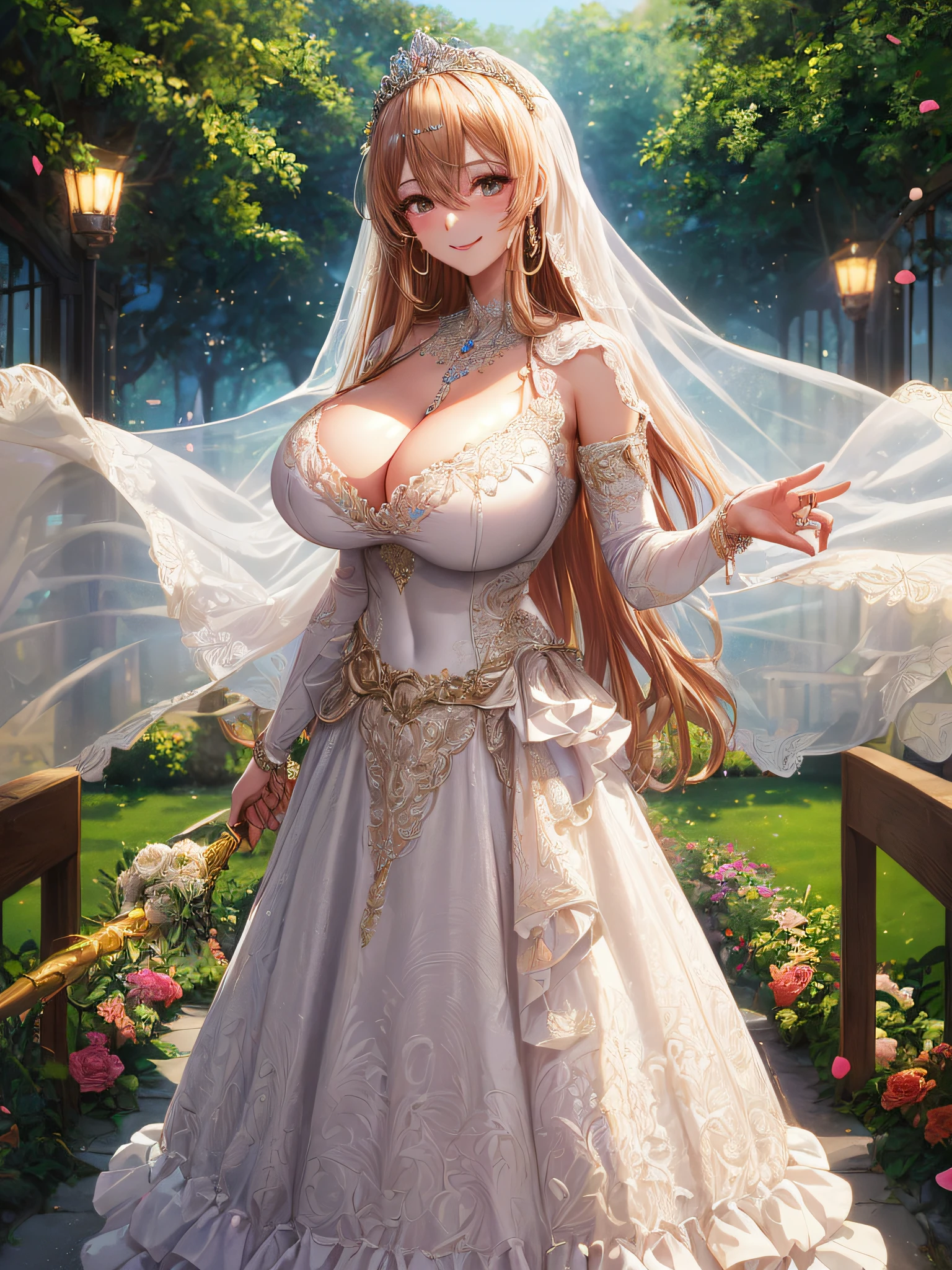 (masterpiece, best quality,anime art style:1.2),1girl, (solo), cute, kawaii,digital art,((1 fantasy princess wearing beautiful embroidery and jeweled gorgeous wedding dress with voluminous full length hoop skirt)),crinoline,((voluminous frills)),gorgeous embroidery and beautiful lace,(very gigantic boobs,cleavage,skindentation),((shiny hair,Bangs between eyes,voluminous straight hair,extremely Long straight Hair)),(finely detailed face and eye),smile,extremely gorgeousfull jeweled tiara,((bling-bling gorgeous gemstone jewelry)),long wedding veil,((standing in beautiful garden)),flowers,flower petals flowing,((beautiful embroidery and jeweled gorgeous wedding dress with voluminous full length hoop skirt))