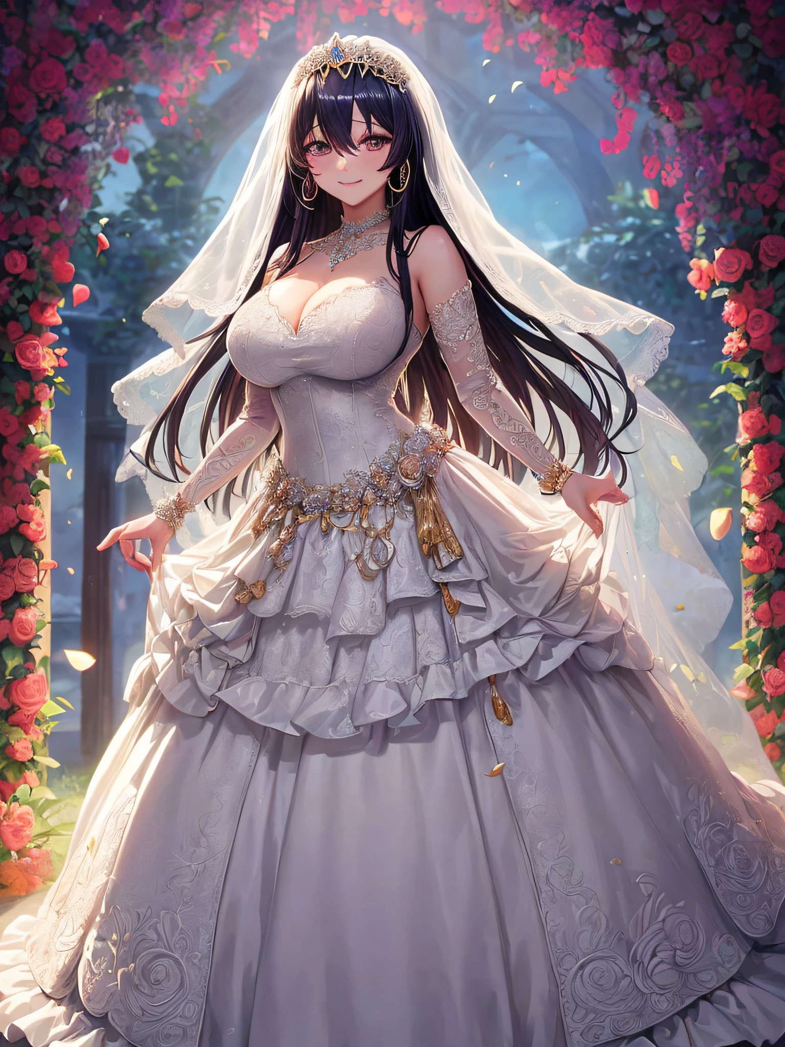 (masterpiece, best quality,anime art style:1.2),1girl, (solo), cute, kawaii,digital art,((1 fantasy princess wearing beautiful embroidery and jeweled gorgeous wedding dress with voluminous full length hoop skirt)),crinoline,((voluminous frills)),gorgeous embroidery and beautiful lace,(very gigantic boobs,cleavage,skindentation),((shiny hair,Bangs between eyes,voluminous straight hair,extremely Long straight Hair)),(finely detailed face and eye),smile,extremely gorgeousfull jeweled tiara,((bling-bling gorgeous gemstone jewelry)),long wedding veil,((standing in beautiful garden)),flowers,flower petals flowing,((beautiful embroidery and jeweled gorgeous wedding dress with voluminous full length hoop skirt))