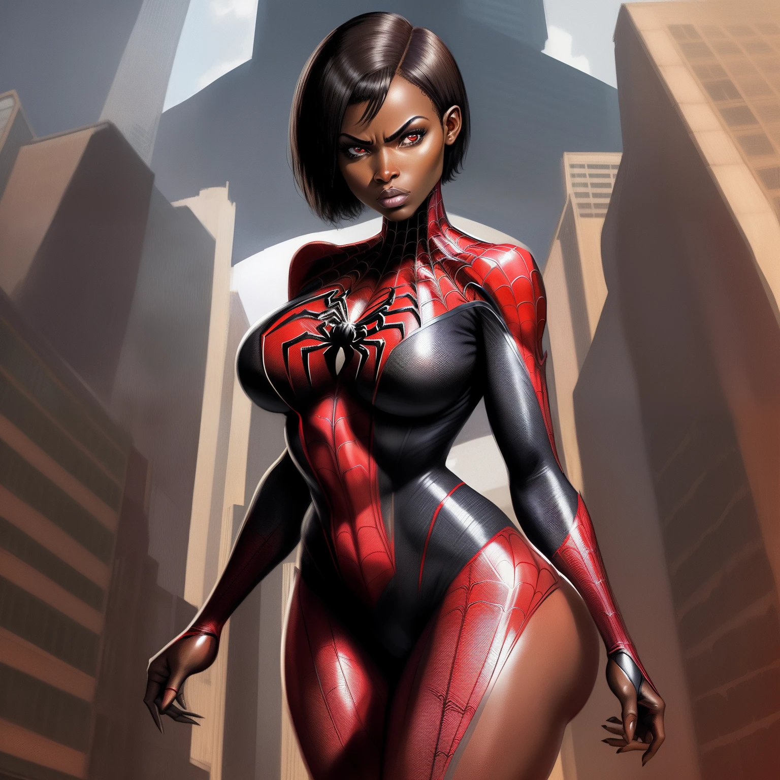 spiderwoman  , adult African Amazonian woman, short woman, beautiful,  brunette, short hair, straight hair, medium breasts, large thighs, thick big ass, serious stunning face, with skintight