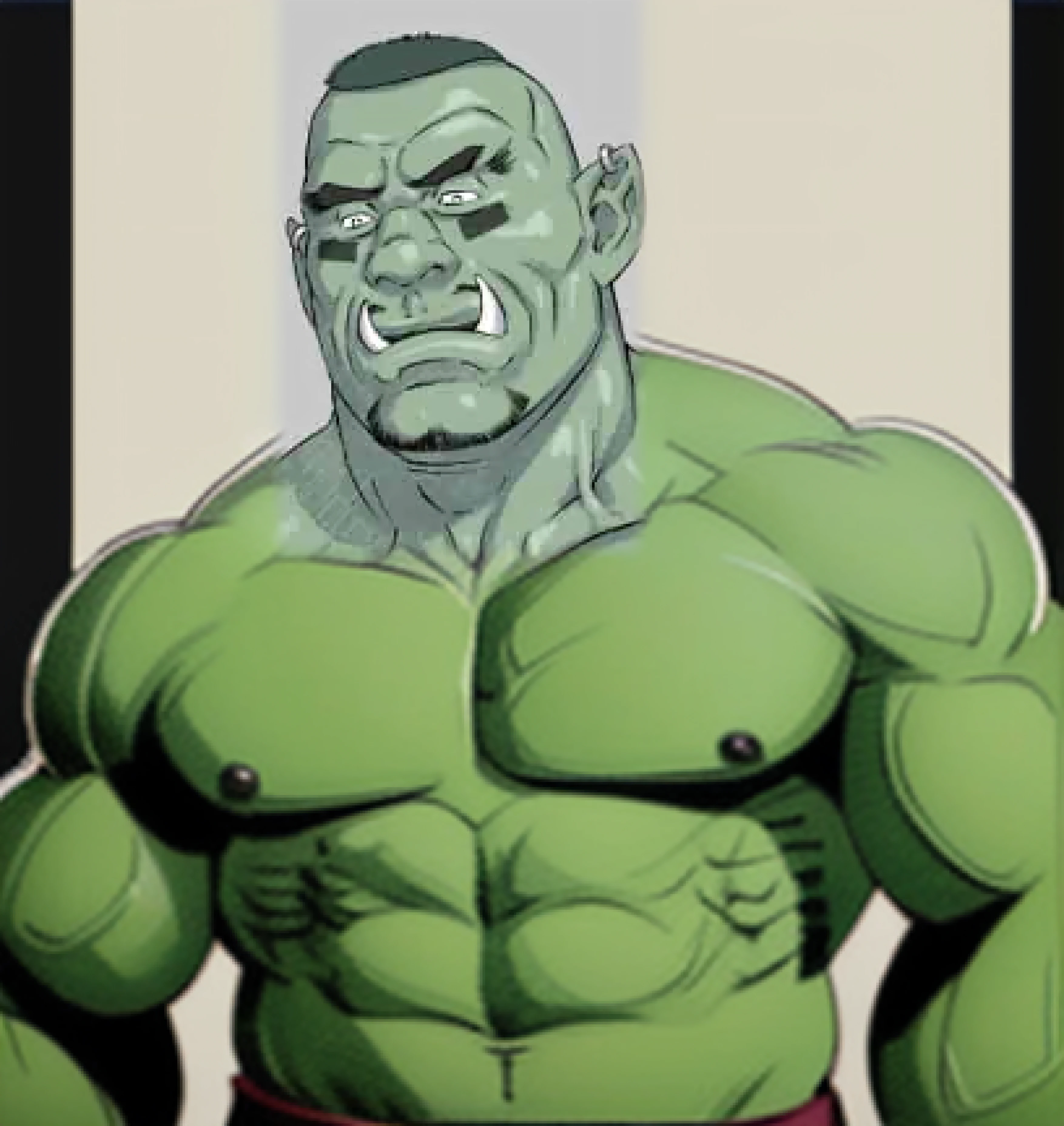 The Hulk wears a green shirt,There is a red frame around it, Orc symbaroum, half - orc, menacing orc, orc themed, orc looking into the camera, Orc symbaroum, portrait of an orc, okeh, Portrait of the Hulk, Ogre, portrait of an orc, arabic orc, an ork, dog - faced muscular goblin, grog strongjaw, orc warrior