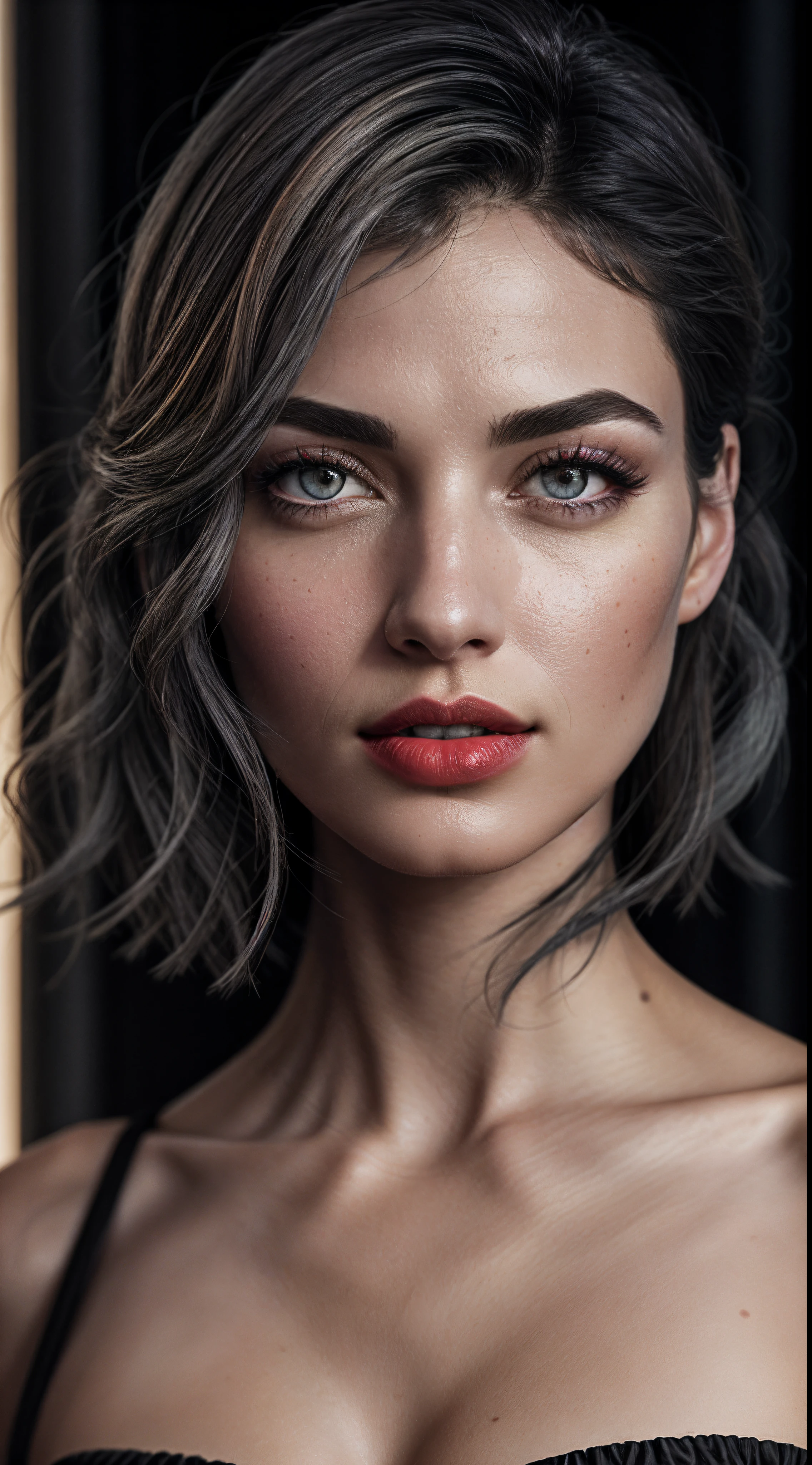 RAW, 1girl, colorful, full body shot, (masterpiece, best quality), (detailed skin:1.3, detailed face:1.3, short black hair:1, big gray eyes:1.2, full red lips:1.2, sexy thighs:1.2), dslr, realistic, looking at viewer, sharp focus, delicate, soft colors, cinematic lighting, MyNataLee woman, bright light:1.3, highlights:1.3, high brightness, clean scene, tidy, clear skin, goosebumps