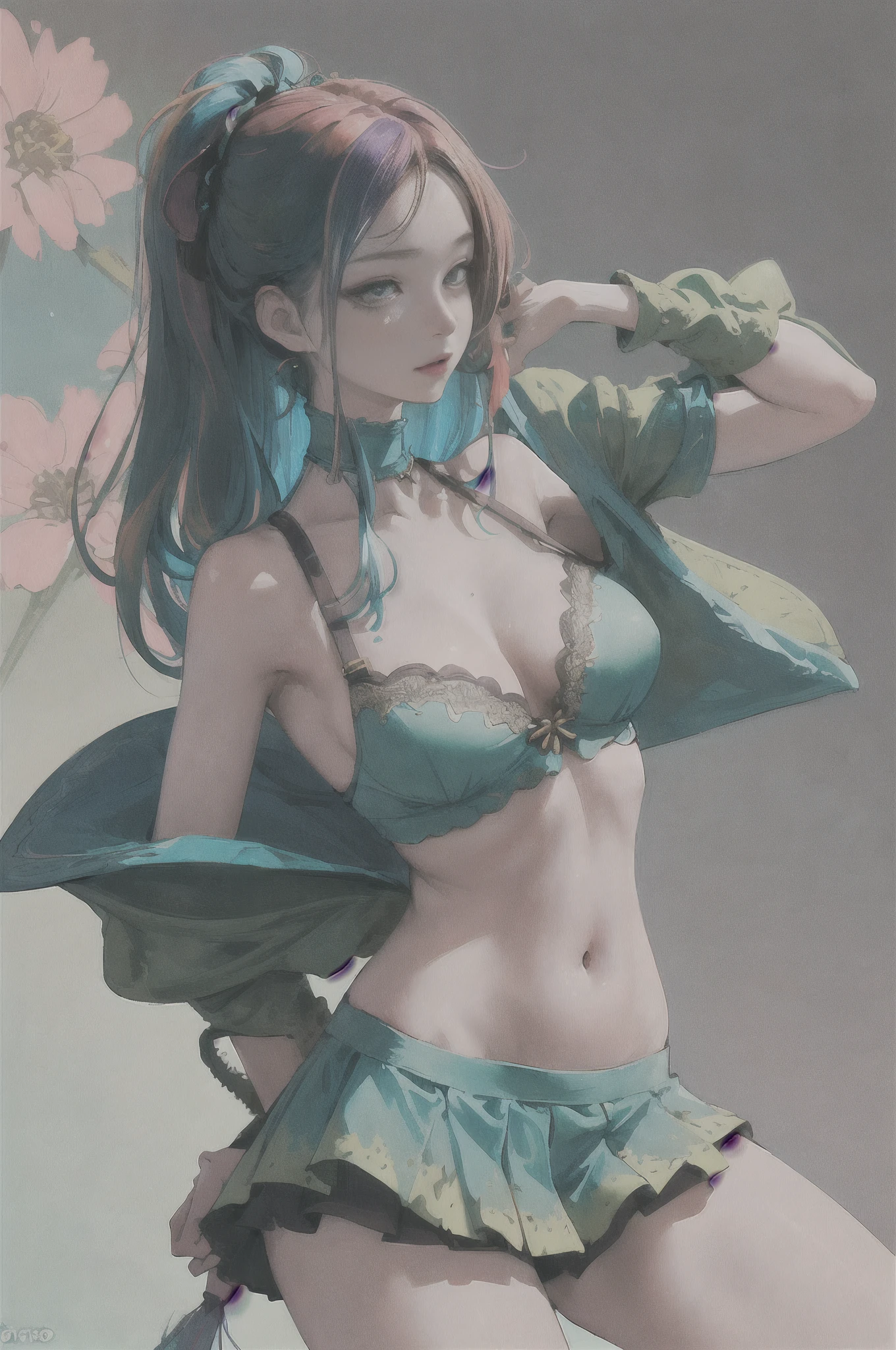 woman, tight short shirt and mini skirt, belly open, lingerie, colorful, darl background,flower armor,green theme,exposure blend, medium shot, bokeh, (hdr:1.4), high contrast, (cinematic, teal and orange:0.85), (muted colors, dim colors, soothing tones:1.3), low saturation, nami one piece