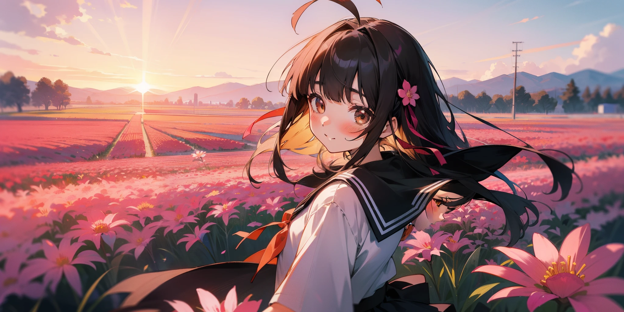 1girl, solo, brown eyes, disheveled hair, day, in spring, sunset, flower field, long hair, black hair, ahoge, bangs, blunt bangs, hair between eyes, hair ribbon, sailor collar, shorts under skirt, sailor shirt, sailor suite, serafuku, hair_ribbon, no hairband on the top of head, japanese female senior high school student, looking directly, happy face, Directly facing the viewer, pink flower, pov, vanishing point, masterpiece, best quality, highres