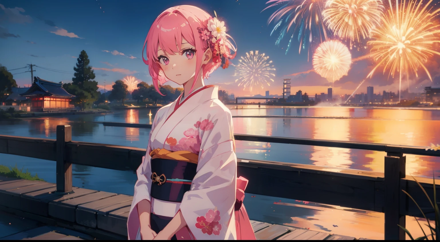 masterpiece、top-quality、Movie stills、1girl in、animesque、Pink Shorthair、Pink eyes、illustratio、kimono、Japanese dress、kawaii、Large grasslands、Watching the fireworks(Spark:0.7)、By Shinkai Makoto