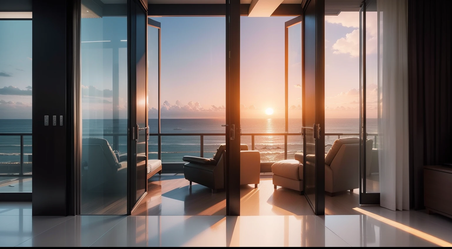 Create a penthouse interior design concept that combines a minimalist aesthetic with futuristic cyber elements. Emphasize a large, floor-to-ceiling window that offers a stunning sea view. Incorporate innovative technology and materials to achieve a sleek, cutting-edge ambiance. Describe how the window seamlessly integrates with the cyber-futuristic design, and how it enhances the overall experience of the sea view, focus in window with sea view, clean space, sunset light
