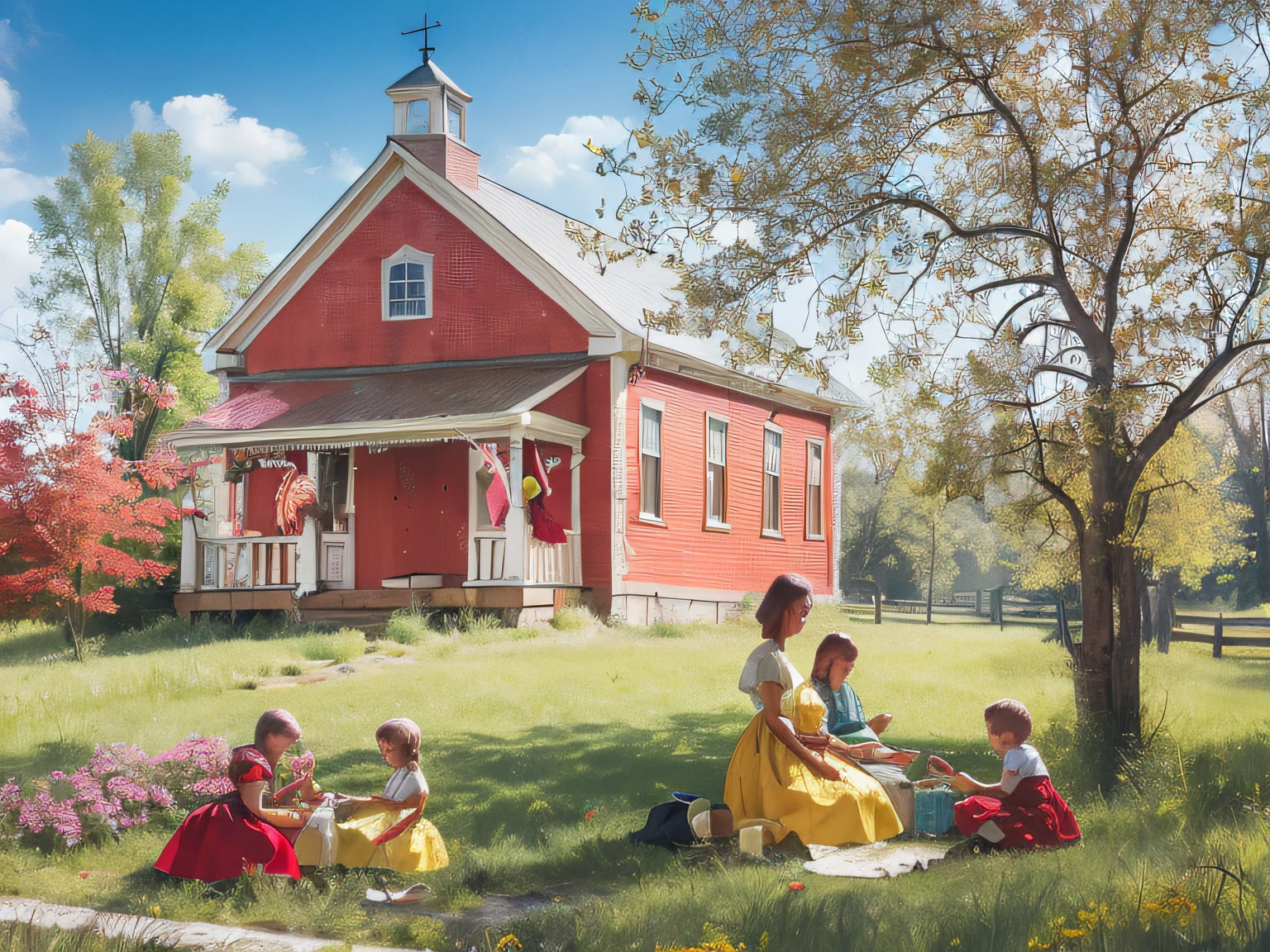 painting of a family sitting in front of a red house, church painting, american scene painting, by Harold Sandys Williamson, by Don Reichert, inspired by Anna Mary Robertson Moses, darrell k sweet, inspired by Norman Rockwell, ( norman rockwell oil painting ), inspired by Grandma Moses, inspired by Edward Hicks, teacher, school class, painting of, norman rockwell painting