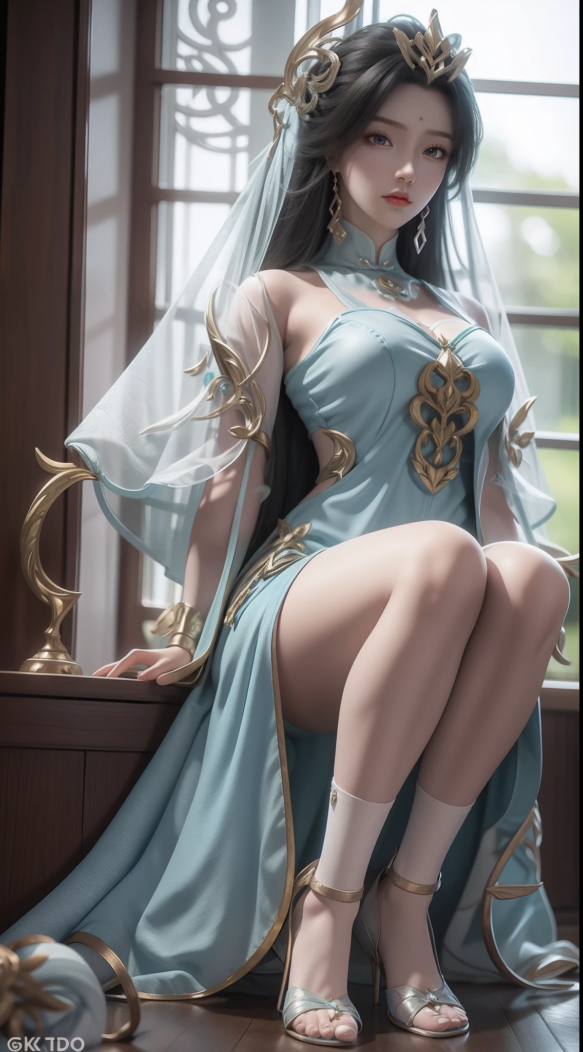 Arad woman in blue dress sitting on windowsill, cute anime waifu in a nice dress, trending on cgstation, 8K high quality detailed art, anime barbie in white stockings, highly detailed exquisite fanart, Extremely detailed Artgerm, the anime girl is crouching, flowing magical robe, beautiful and seductive anime woman, WLOP and Sakimichan