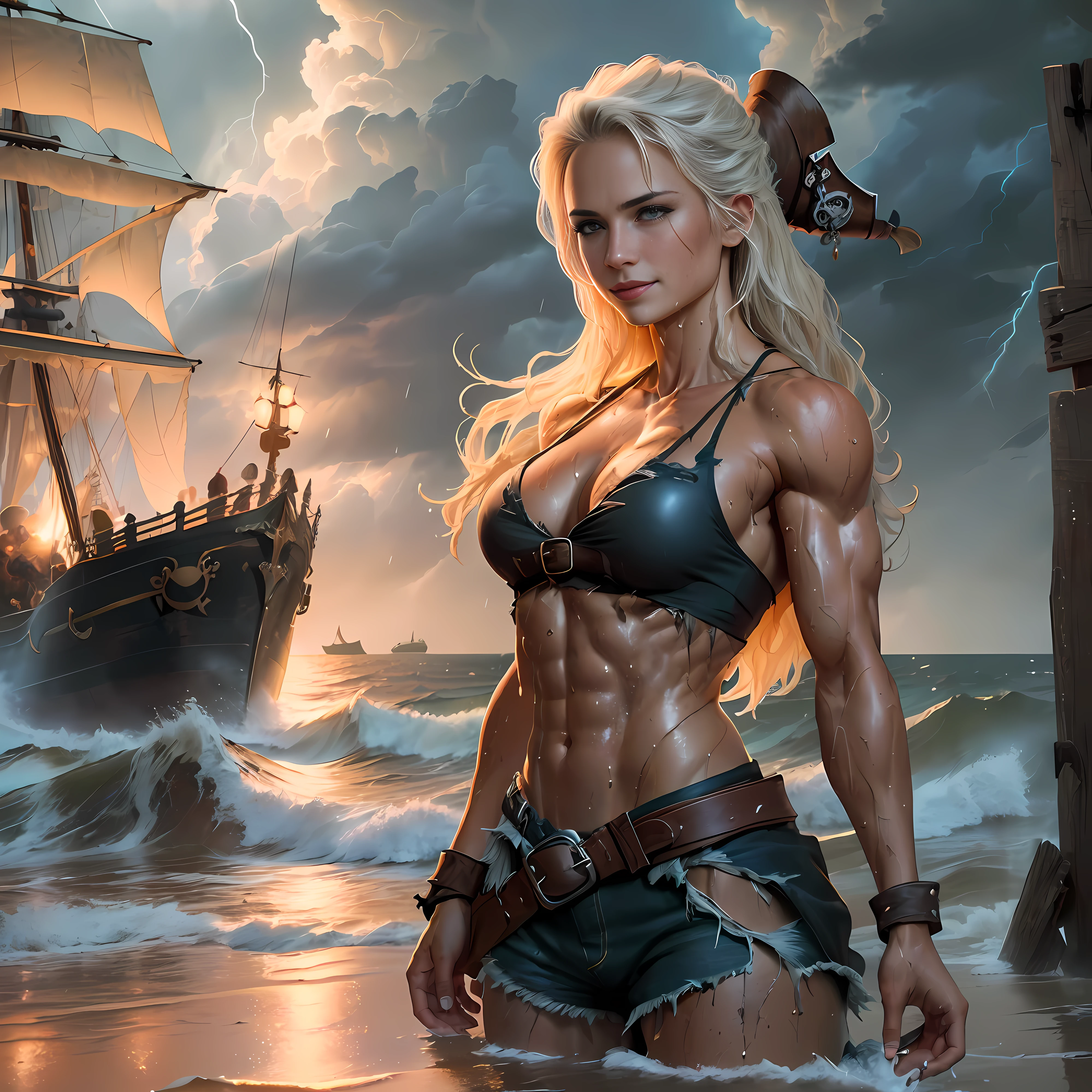 (sfw), dramatic lighting, highest quality, Cinematic film still, (attractive beautiful gorgeous woman, lithe muscles, female body, full breasts, wearing dirty tattered pirate costume, smiling, dark atmosphere, bodybuilding body, (torn clothes: 0.8), perfect face, looking at viewer, (detailed skin), ((dirty)), (wet skin), sweating, (wet body), (muddy) , (Storm Cloud: 0.7), (Stormy Weather: 0.5), Natural Lighting, (Direct Light: 0.4), 8mm Film Grain, Sony a9 II, 24mm Lens, F/2.8 Aperture, Deep Focus, (RAW), 8k, (still from the lost pirate kingdom)