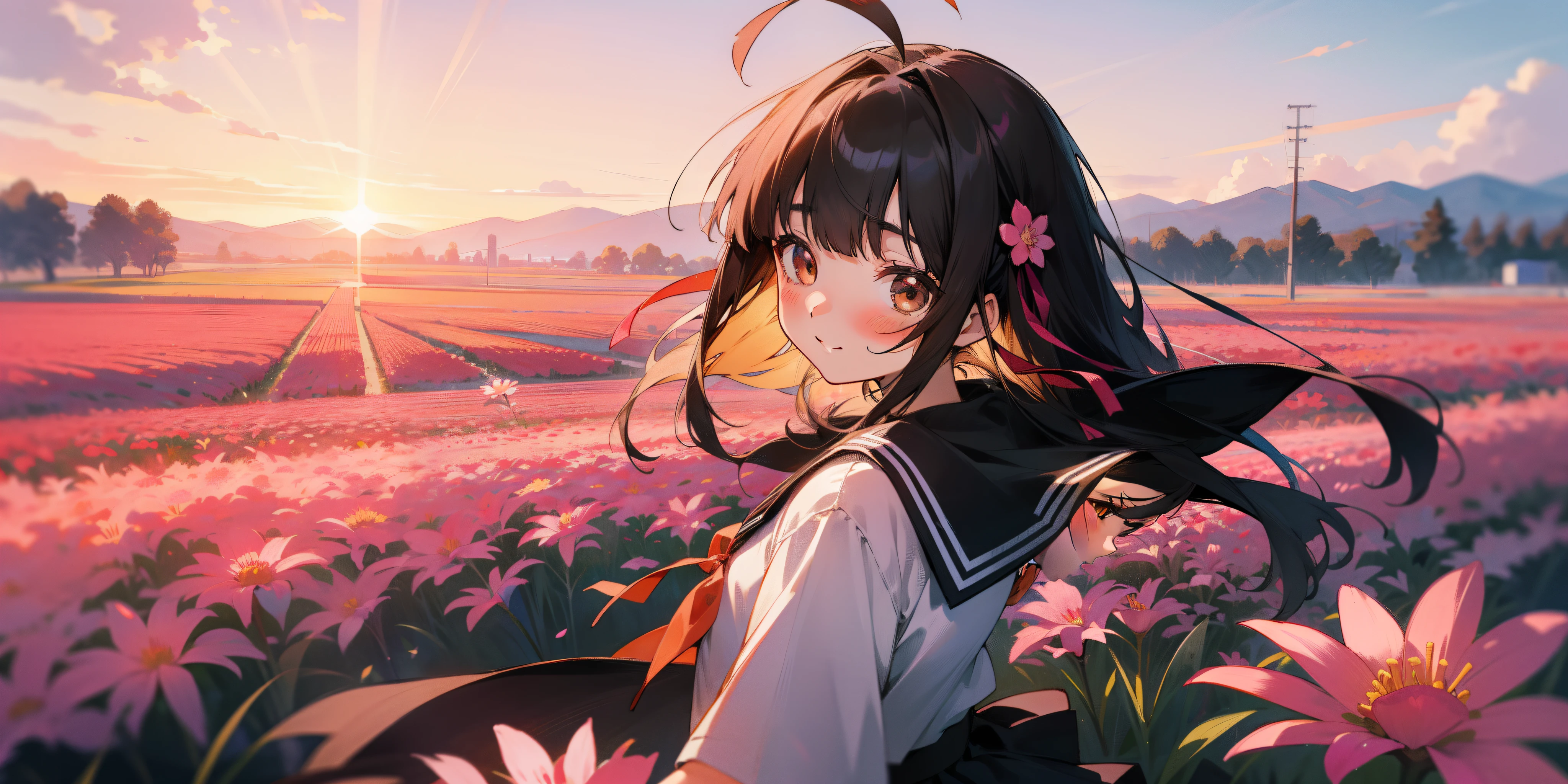 1girl, solo, brown eyes, disheveled hair, day, in spring, sunset, flower field, long hair, black hair, ahoge, bangs, blunt bangs, hair between eyes, hair ribbon, sailor collar, shorts under skirt, sailor shirt, sailor suite, serafuku, hair_ribbon, no hairband on the top of head, japanese female senior high school student, looking directly, happy face, Directly facing the viewer, pink flower, pov, vanishing point, masterpiece, best quality, highres
