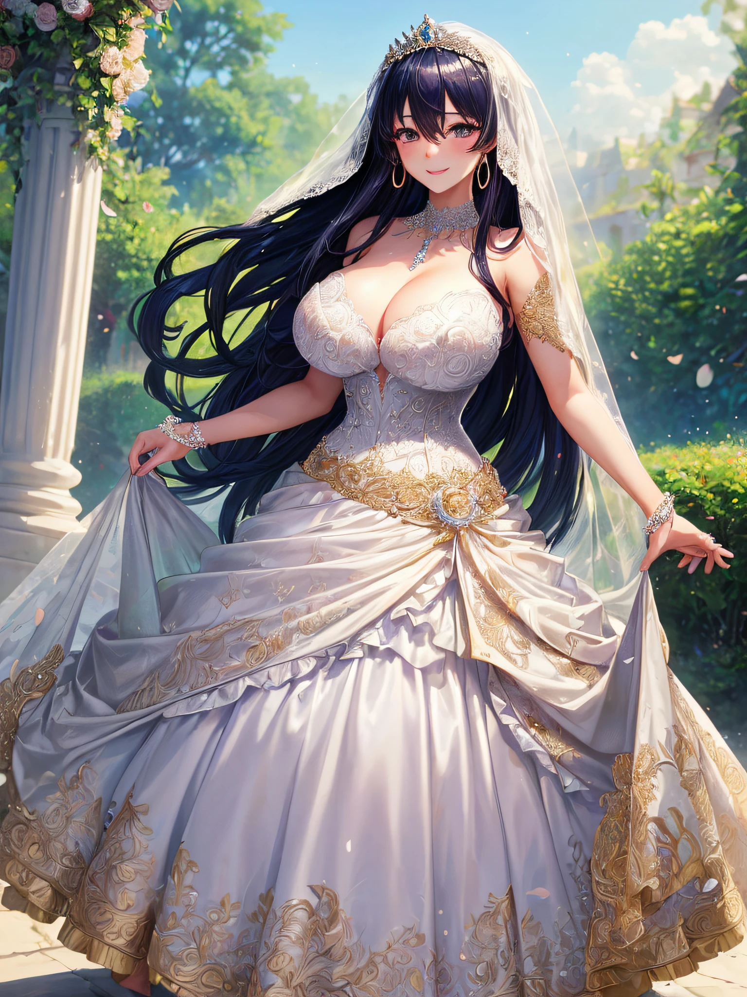 (masterpiece, best quality,anime art style:1.2),1girl, (solo), cute, kawaii,digital art,((1 fantasy princess wearing beautiful embroidery and jeweled gorgeous wedding dress with voluminous full length hoop skirt)),crinoline,((voluminous frills)),gorgeous embroidery and beautiful lace,(very gigantic boobs,cleavage,skindentation),((shiny hair,Bangs between eyes,voluminous straight hair,extremely Long straight Hair)),(finely detailed face and eye),smile,extremely gorgeousfull jeweled tiara,((bling-bling gorgeous gemstone jewelry)),long wedding veil,((standing in beautiful garden)),flowers,flower petals flowing,((beautiful embroidery and jeweled gorgeous wedding dress with voluminous full length hoop skirt))