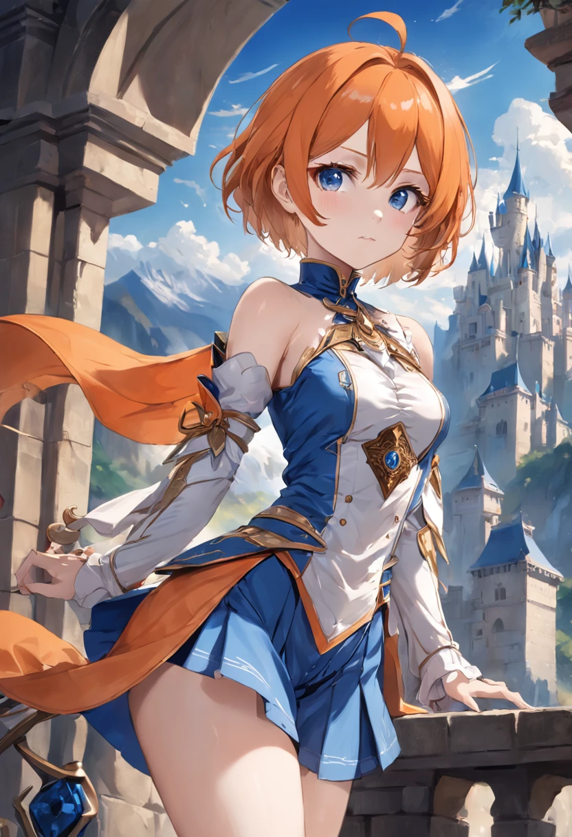 Short orange hair，Blue eyes，Western fantasy，magia，Castle fantasy，Blue and white clothes，Good-looking legs，Ultra photo realsisim, Castle，hair adornments