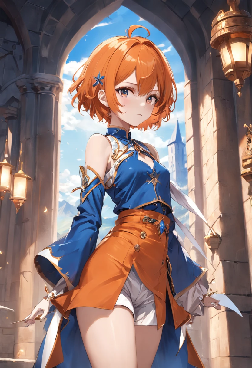 Short orange hair,Blue eyes,Western fantasy,magia,Castle fantasy,Blue and white clothes,Good-looking legs,Ultra photo realsisim, Castle,hair adornments