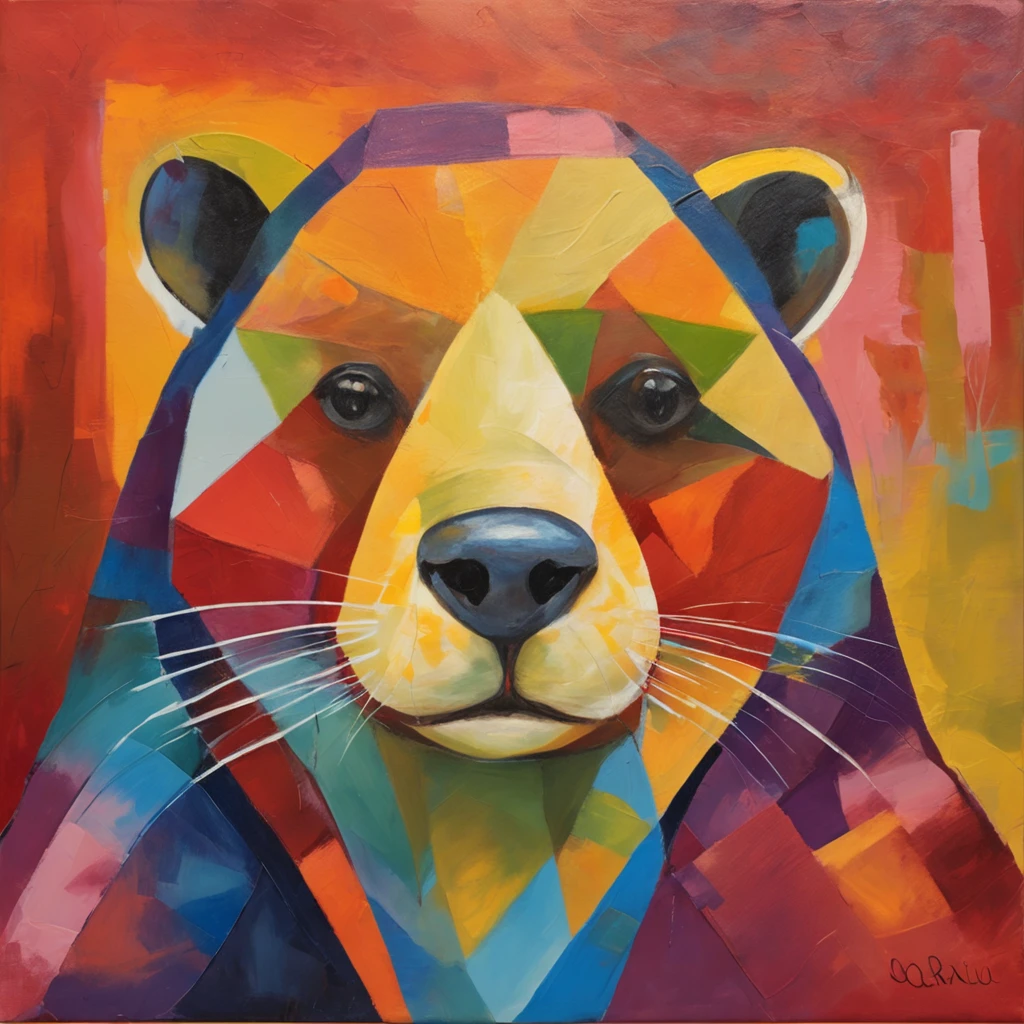 a cartoon otter dressed in a cape and hood, full lengh portrait, background: Abstract geometric, oil painting, (vivid colors: 1.7)