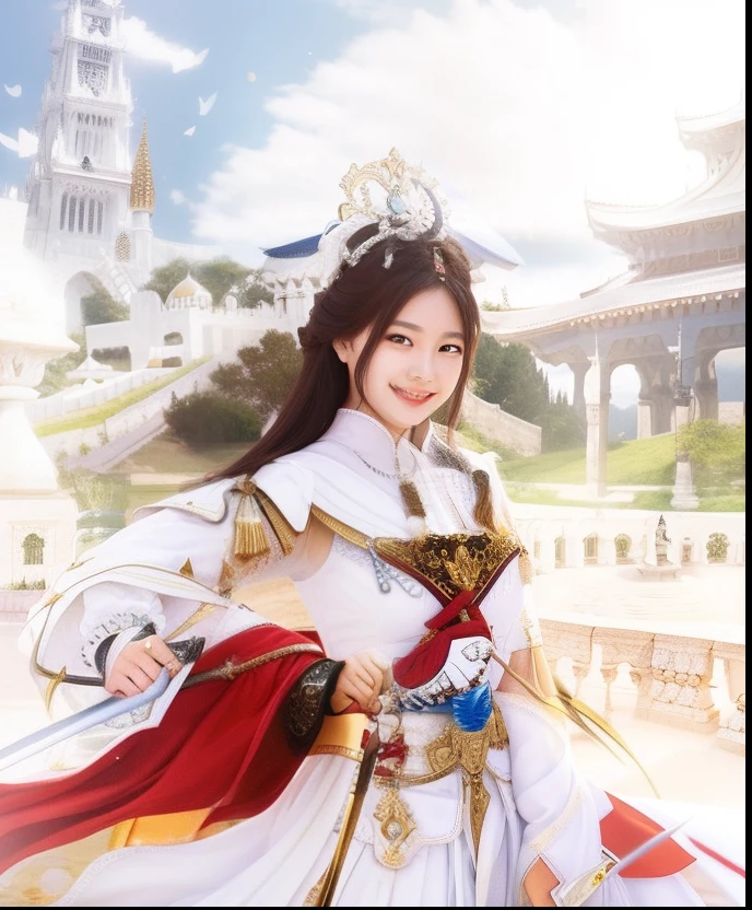 Smiling woman in white dress holding sword