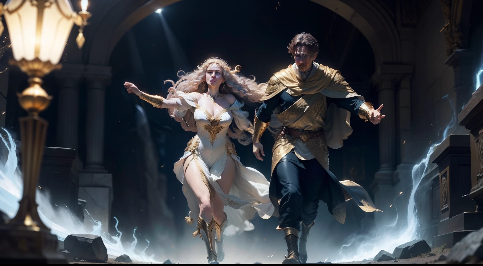 The Golden Fleece glows with a mysterious light as Jason and Medea flee from the wrath of Aeetes.