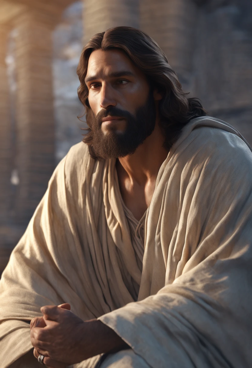 homem arafed com barba e capuz, retrato de jesus cristo, sorriso jesus cristo, jesus cristo, vestido como jesus cristo, rosto de jesus, vestindo um capuz azul celeste, Hyperrealistic Illustration, realistic digital illustration, personagem altamente detalhado, rosto realista altamente detalhado, realistic illustration, Ultra realistic illustration Scene description for photo: Jesus Christ is sitting on a small wooden bench, positioned in the center of the scenery. He's leaning forward slightly, com os cotovelos apoiados nos joelhos, conveying a sense of serenity and contemplation. His hands are entwined gently in his lap. His gaze is directed downward, como se estivesse refletindo profundamente sobre algo. The expression on his face is one of inner peace and spiritual connection. --auto --s2