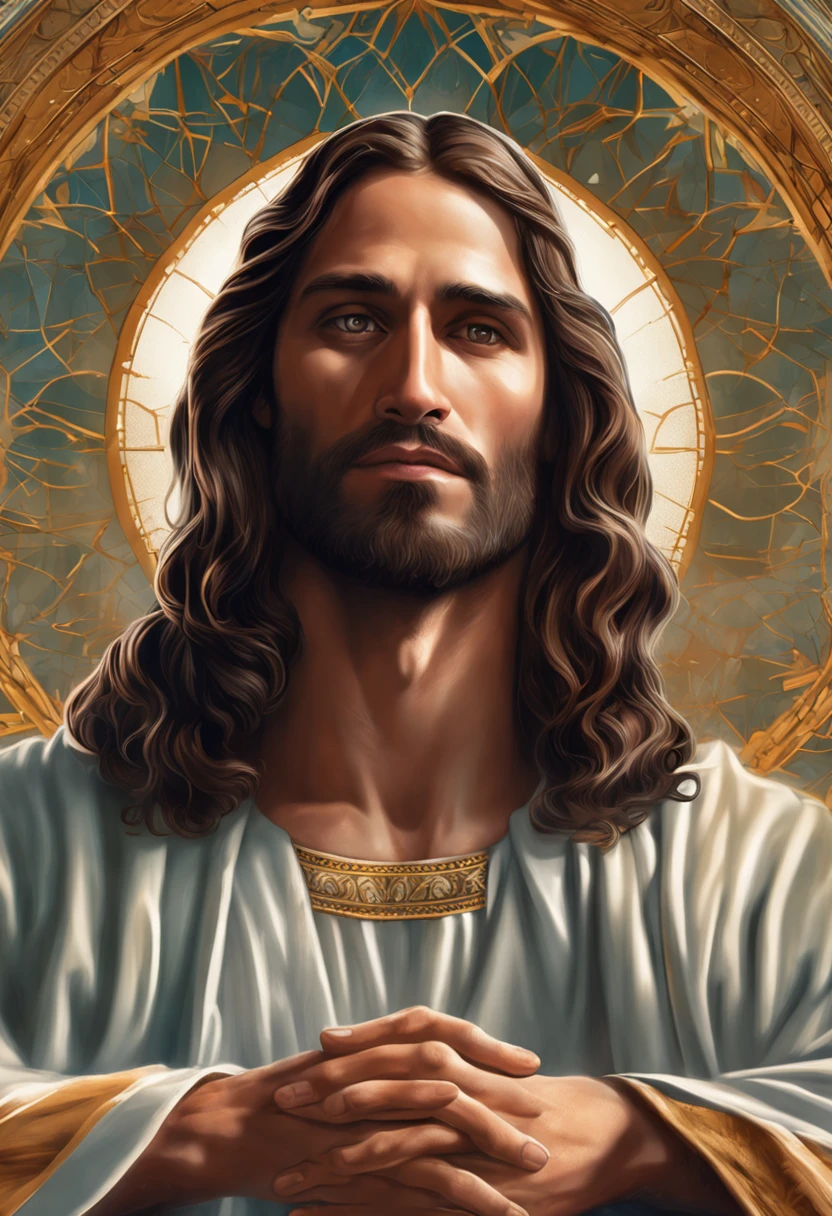 homem arafed com barba e capuz, retrato de jesus cristo, sorriso jesus cristo, jesus cristo, vestido como jesus cristo, rosto de jesus, vestindo um capuz azul celeste, Hyperrealistic Illustration, realistic digital illustration, personagem altamente detalhado, rosto realista altamente detalhado, realistic illustration, Ultra realistic illustration Scene description for photo: Jesus Christ is sitting on a small wooden bench, positioned in the center of the scenery. He's leaning forward slightly, com os cotovelos apoiados nos joelhos, conveying a sense of serenity and contemplation. His hands are entwined gently in his lap. His gaze is directed downward, como se estivesse refletindo profundamente sobre algo. The expression on his face is one of inner peace and spiritual connection. --auto --s2