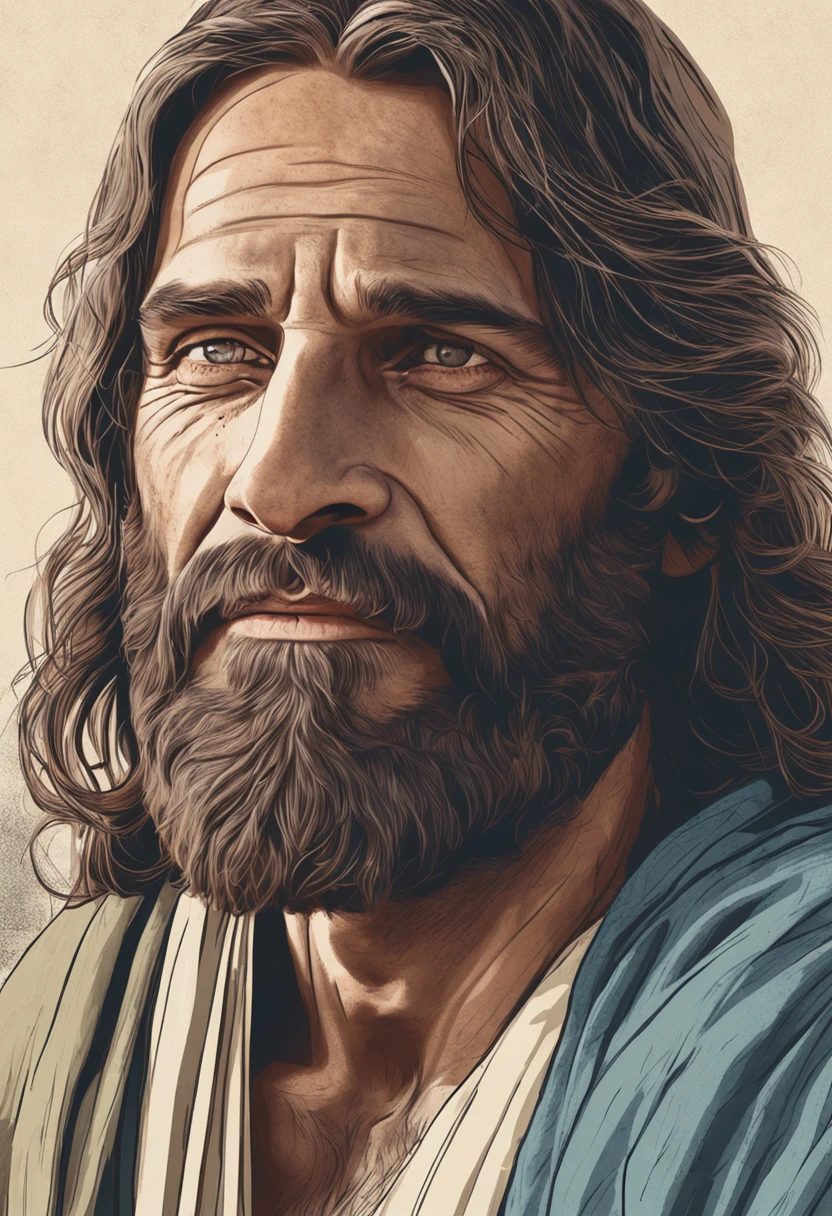 homem arafed com barba e capuz, retrato de jesus cristo, sorriso jesus cristo, jesus cristo, vestido como jesus cristo, rosto de jesus, vestindo um capuz azul celeste, Hyperrealistic Illustration, realistic digital illustration, personagem altamente detalhado, rosto realista altamente detalhado, realistic illustration, Ultra realistic illustration Scene description for photo: Jesus Christ is sitting on a small wooden bench, positioned in the center of the scenery. He's leaning forward slightly, com os cotovelos apoiados nos joelhos, conveying a sense of serenity and contemplation. His hands are entwined gently in his lap. His gaze is directed downward, como se estivesse refletindo profundamente sobre algo. The expression on his face is one of inner peace and spiritual connection. --auto --s2