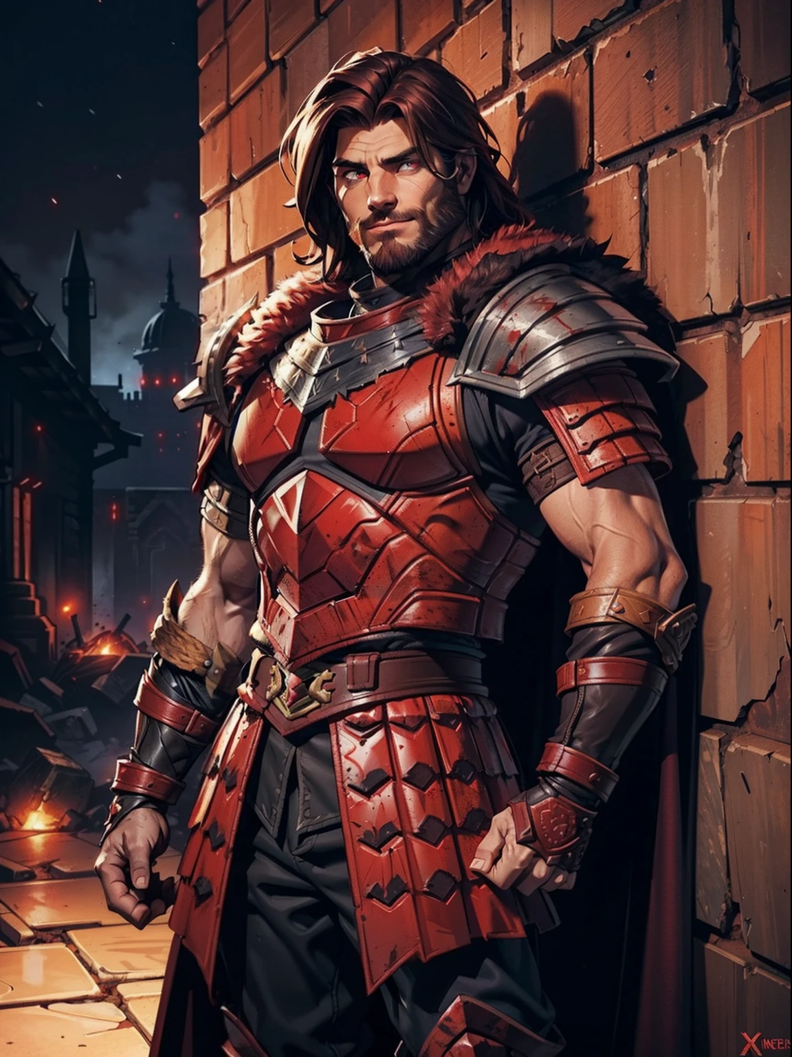 Dark night blood moon background, Darkest Dungeon style, standing by the wall. Todd Smith as Ares from Xena, athlete, handsome, short mane hair, mullet, defined face, detailed eyes, short beard, glowing red eyes, brown hair, wily smile, badass, dangerous. Wearing full red armor with scales, cape of furs.