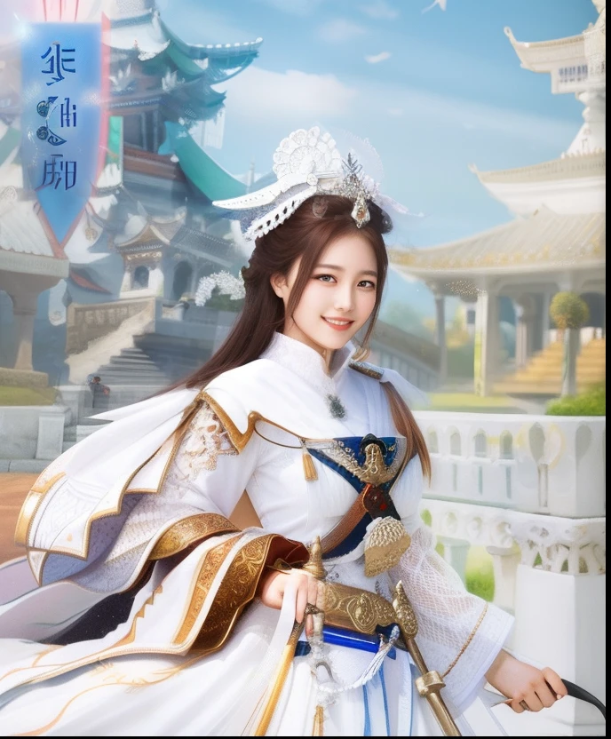 Smiling woman in white dress holding sword