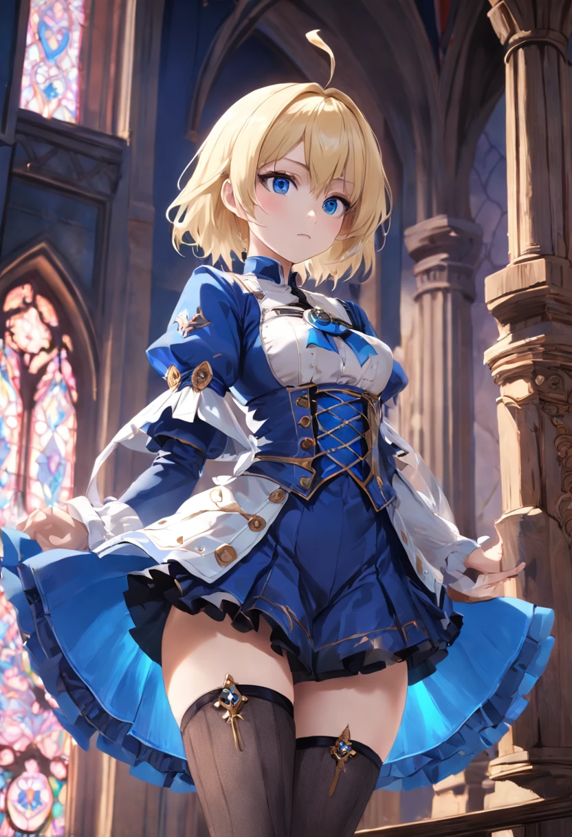 blonde with blue eyes,short detailed hair,Western fantasy,magia,Castle fantasy,Blue and white clothes,black lence stockings,Ultra photo realsisim, Castle,hair adornments