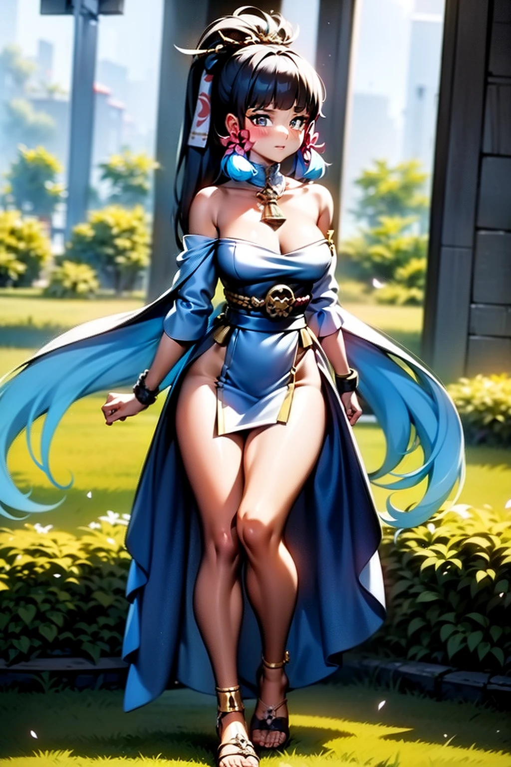 (Masterpiece - Illustrations - Detailed - Best Quality)) - Anime Style - Genshin Impact Style - 1 Woman - Full Body - Native Mexican - Aztec - Long Black Hair - Dark Brown Skin - Stunning Look - Traditional Mexican Clothing - Mexican Skirt - ((Naked torso)) - topless - exposed breasts - small pendulous breasts - nipples - covered by subtle tufts of hair - pink Mexican fabric sash - waist to abdomen sash - closed sandals - gold bracelets, earrings and necklaces - commanding presence - flower petals in the environment - inspired by the Mexican adelitas