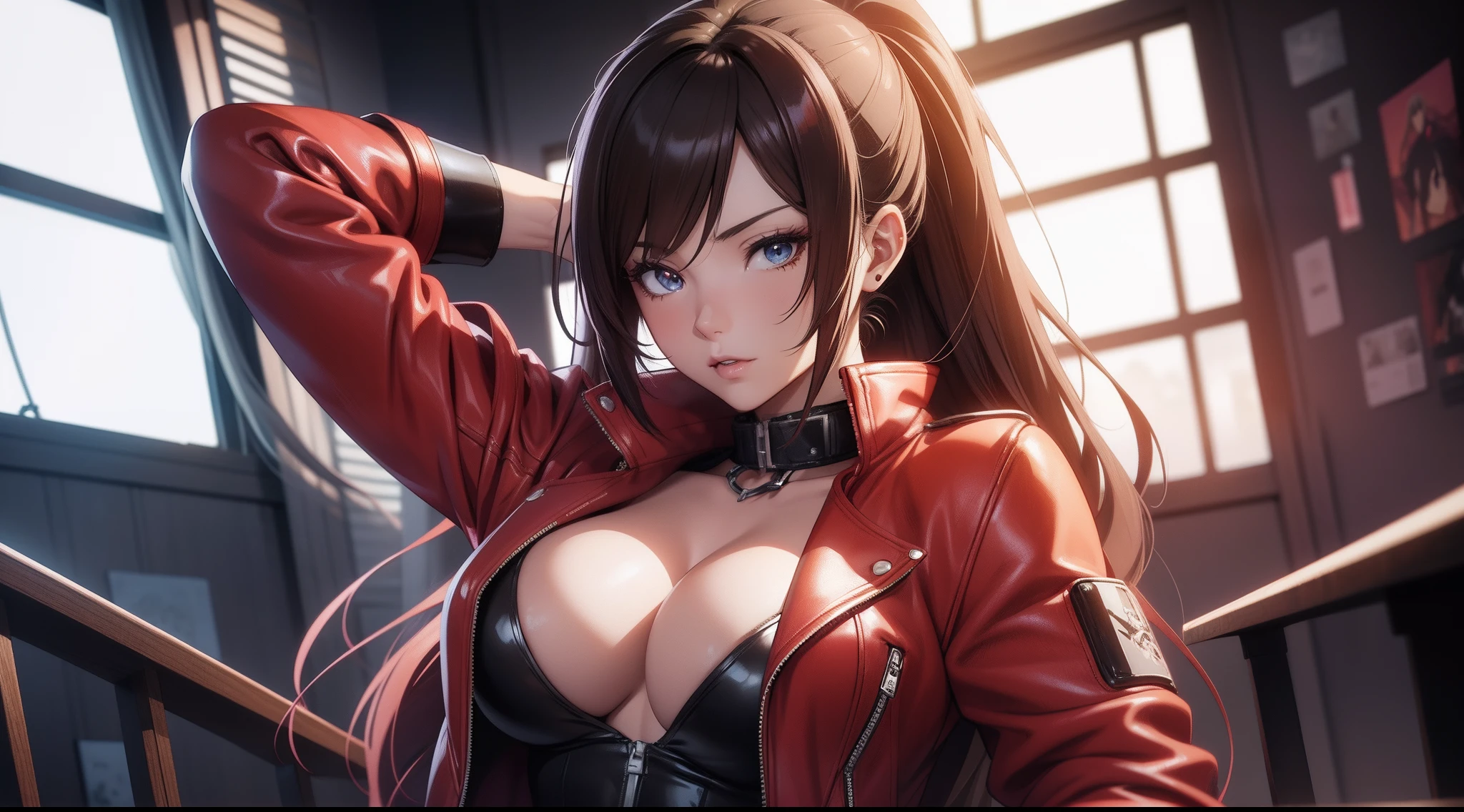 anime - style image of a woman in a red leather jacket and pants, seductive anime girl, photorealistic anime girl render, realistic anime 3 d style, smooth anime cg art, attractive anime girl, 3 d anime realistic, hyperrealistic schoolgirl, detailed digital anime art, digital anime art, beautiful alluring anime woman, realistic anime artstyle, photorealistic anime, medium shot, nude, large breast, voluptuous