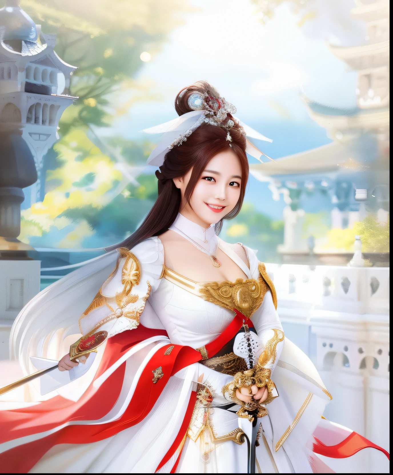 Smiling woman in white dress holding sword