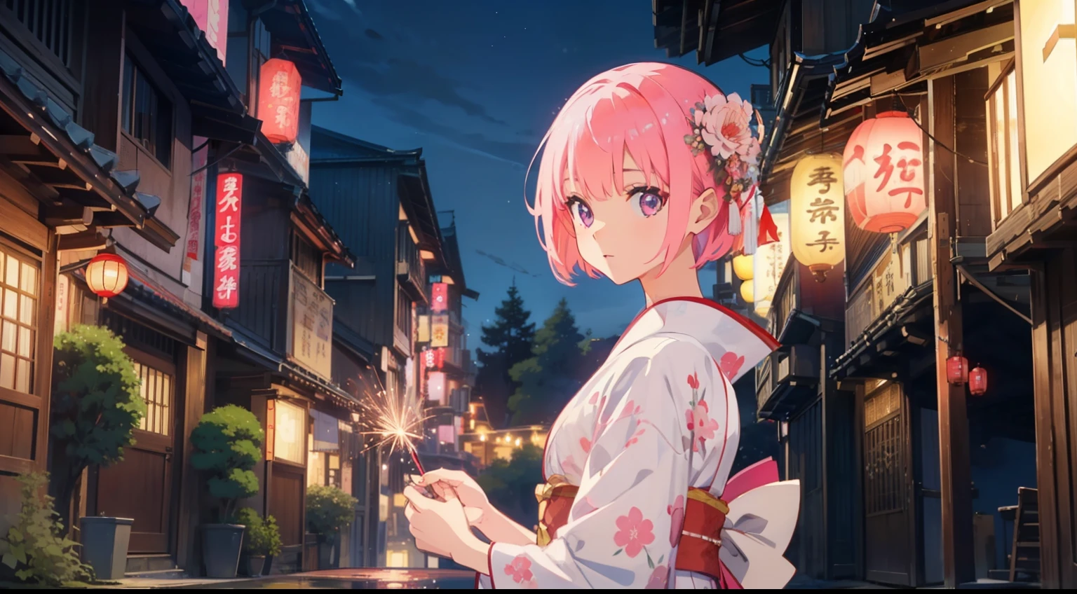 masterpiece、top-quality、Movie stills、1girl in、animesque、Pink Shorthair、Pink eyes、illustratio、kimono、Japanese dress、kawaii、homeliness、Will、Transparency、Fantastical、Night view of fireworks(Spark:0.7)、By Shinkai Makoto