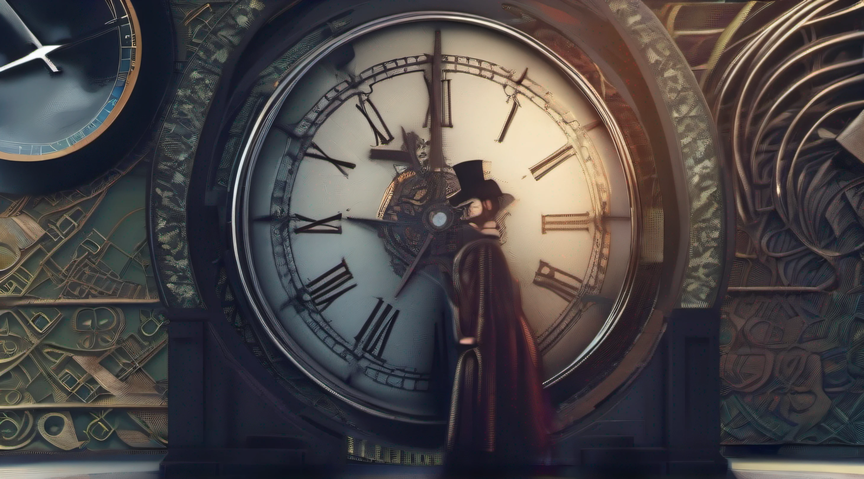 Create an intriguing and captivating image for a video thumbnail based on the short story "Cronos: Desvendando as Engrenagens do Tempo". The image should capture the essence of time travel, with gear and watch elements mixed with futuristic and mysterious elements. Adicione toques de luzes brilhantes e sombras profundas para criar um clima de suspense. Inclua imagens dos quatro protagonistas - Dr. Julian Kessler, Eva Reynolds, Alexander Falk and Victoria Sutherland - in poses that convey determination and reflection. No centro da imagem, highlight the Clock of Eternity as the focal point, irradiando energia temporal. Colors should be rich and contrasting to attract attention. The image should capture the sense of mystery, aventura e descoberta que permeia o conto.