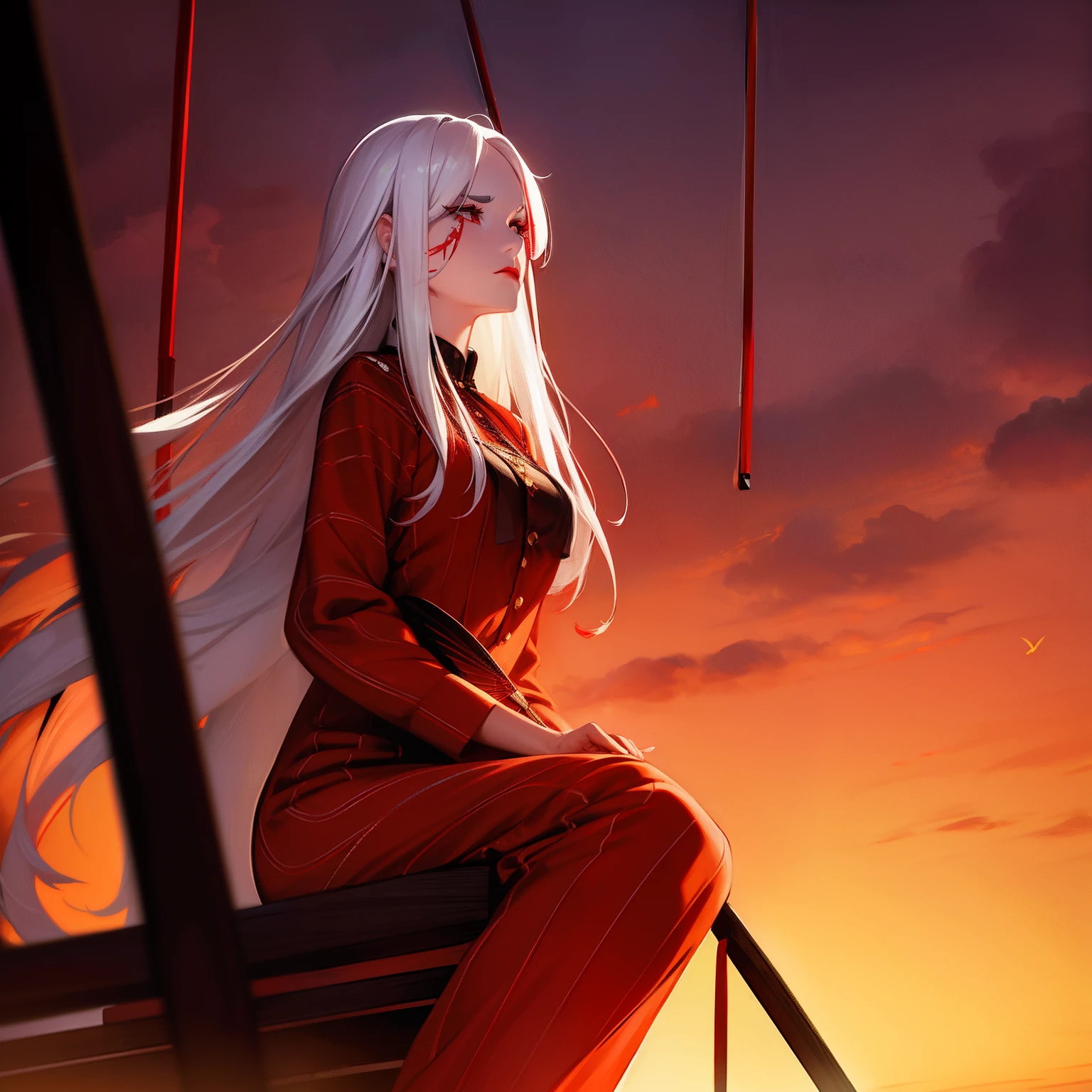Woman with long straight white hair, half gathered, half loose, white face, red lips, red patterns on her face, in black outfit, with a feather fan in her hands, tired sad look, sitting on swing, against the background of a golden sunset