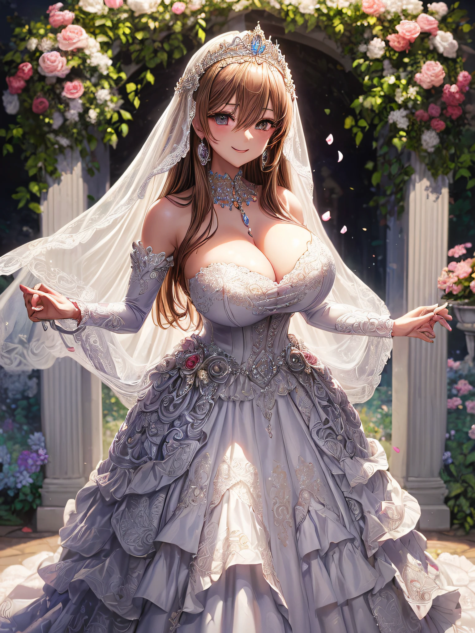 (masterpiece, best quality,moe anime art style:1.2),1girl, (solo), cute, kawaii,digital art,((1 fantasy princess wearing beautiful embroidery and jeweled gorgeous wedding dress with voluminous full length hoop skirt)),crinoline,((voluminous frills)),gorgeous embroidery and beautiful lace,(very gigantic boobs,cleavage,skindentation),((shiny hair,Bangs between eyes,voluminous straight hair,extremely Long straight Hair)),(finely detailed face and eye),smile,extremely gorgeousfull jeweled tiara,((bling-bling gorgeous gemstone jewelry)),long wedding veil,((standing in beautiful garden)),flowers,flower petals flowing,((beautiful embroidery and jeweled gorgeous wedding dress with voluminous full length hoop skirt))