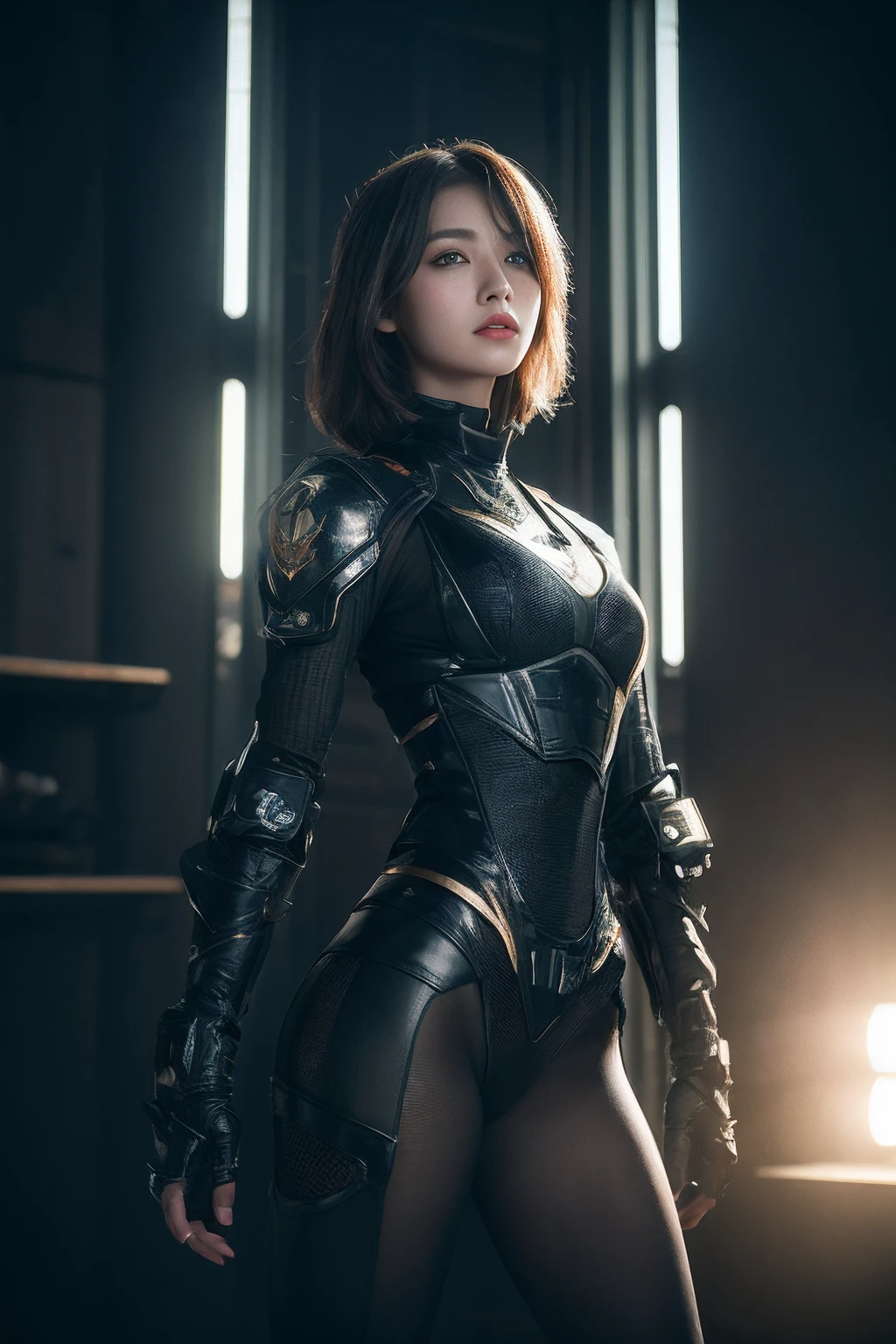 ,3D, A beautiful cyberpunk female image,battledress,hdr(HighDynamicRange),Ray traching,NVIDIA RTX,Hyper-Resolution,Unreal 5,Subsurface scattering、PBR Texture、post-proces、Anisotropy Filtering、depth of fields、maximum definition and sharpness、Many-Layer Textures、Albedo e mapas Speculares、Surface coloring、Accurate simulation octane rendering of light-material interactions、Two-colored light、largeaperture、Low ISO、White balance、the rule of thirds、8K raw data、blackstockings。