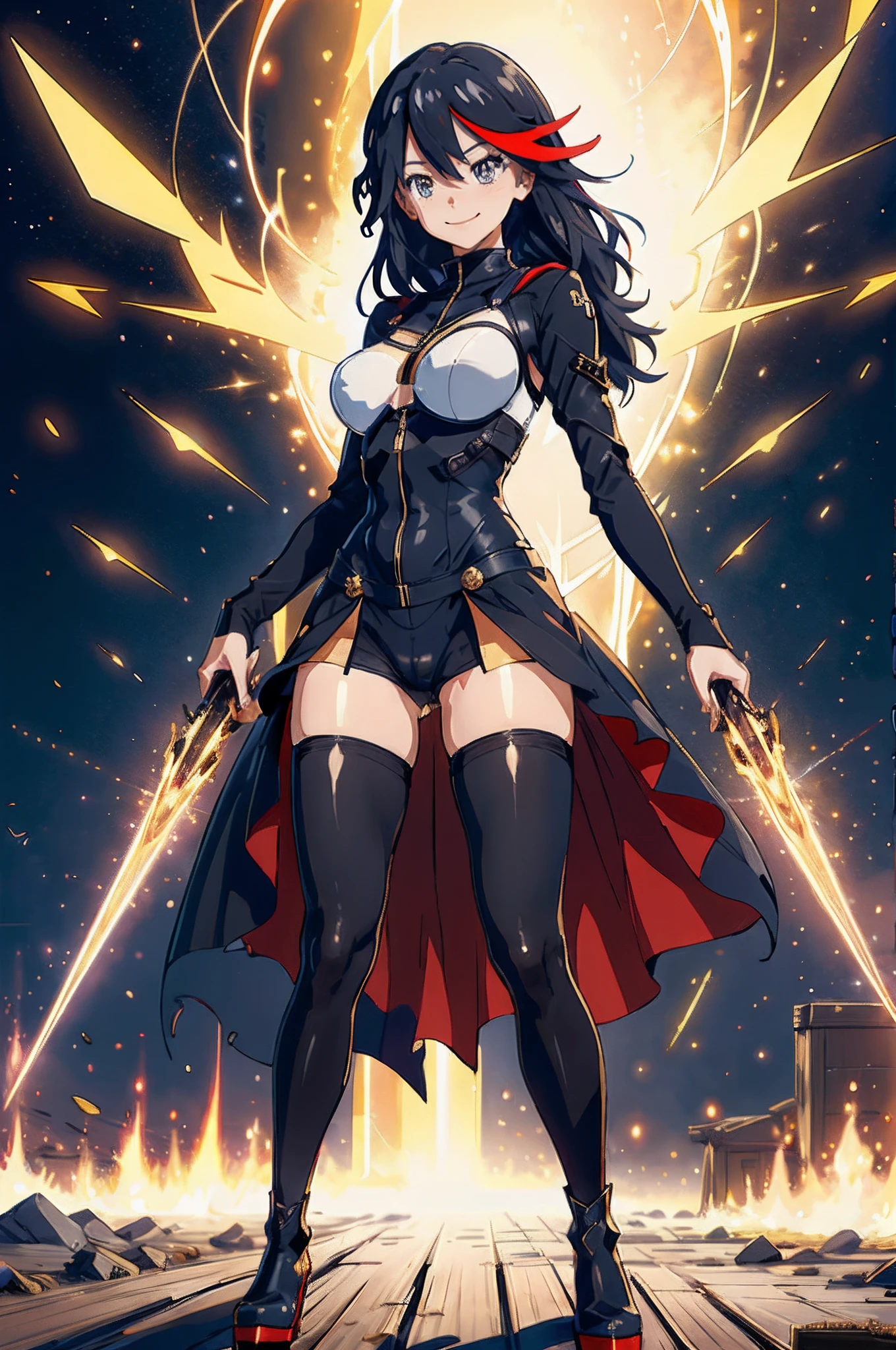 Anime, flying through the sky with black angel wings, golden leotard armor, In Battle, Chaos, shooting laser beams from hands, masterpiece ,pantyhose, boots,magicagirl body suit, large skirt, smile, long skirt,standing,smile forest,matoi ryuuko, pants, vest, pullover, coat, full body