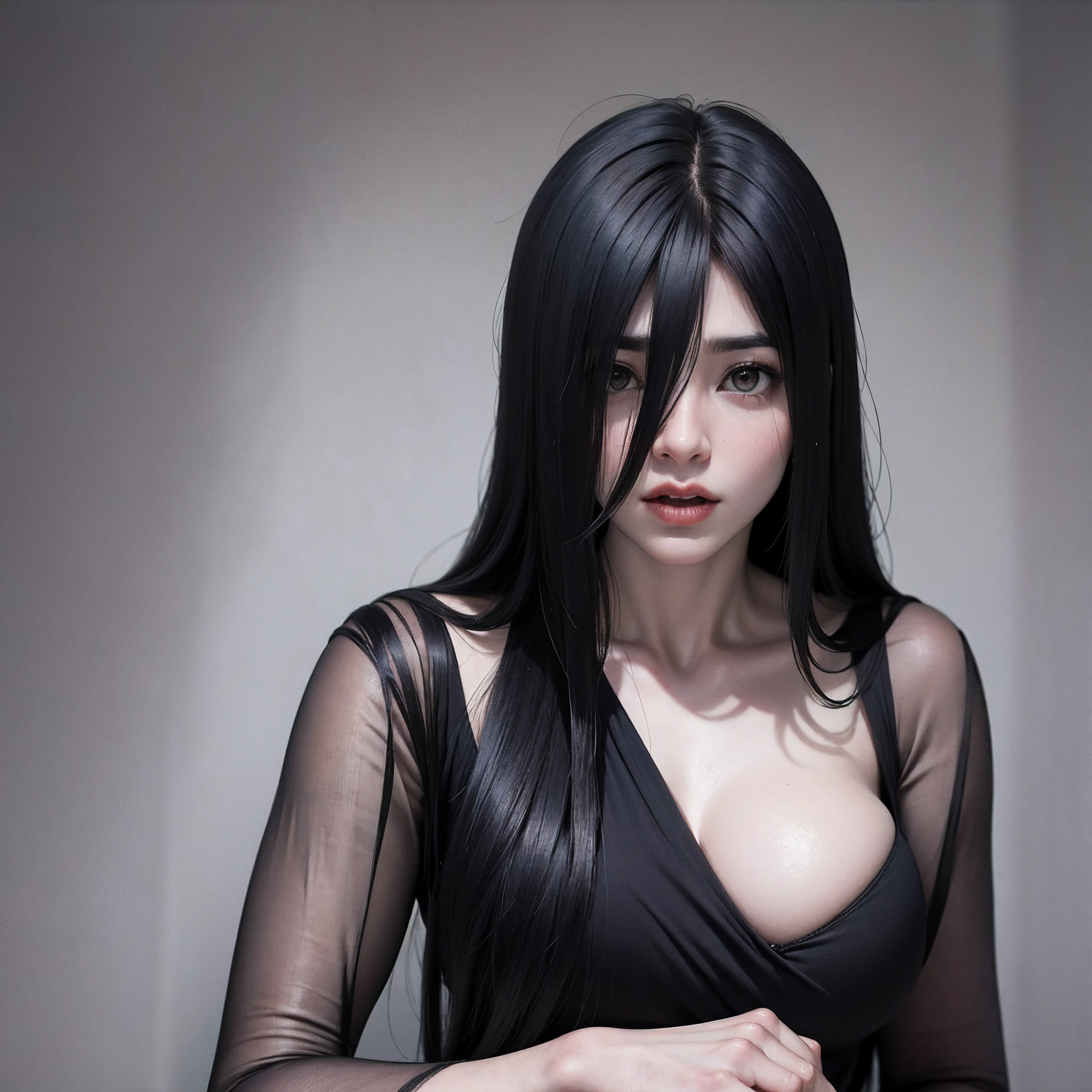 (Obra de arte), olhos expressivos, best quality, pose elegante, cabelos pretos, rosto perfeito, franja cobrindo a testa, peitos grandes, bunda grande, sexy looking, model, lo gothic, milf, sadako, franja cobrindo os olhos, pale skinned, terror,