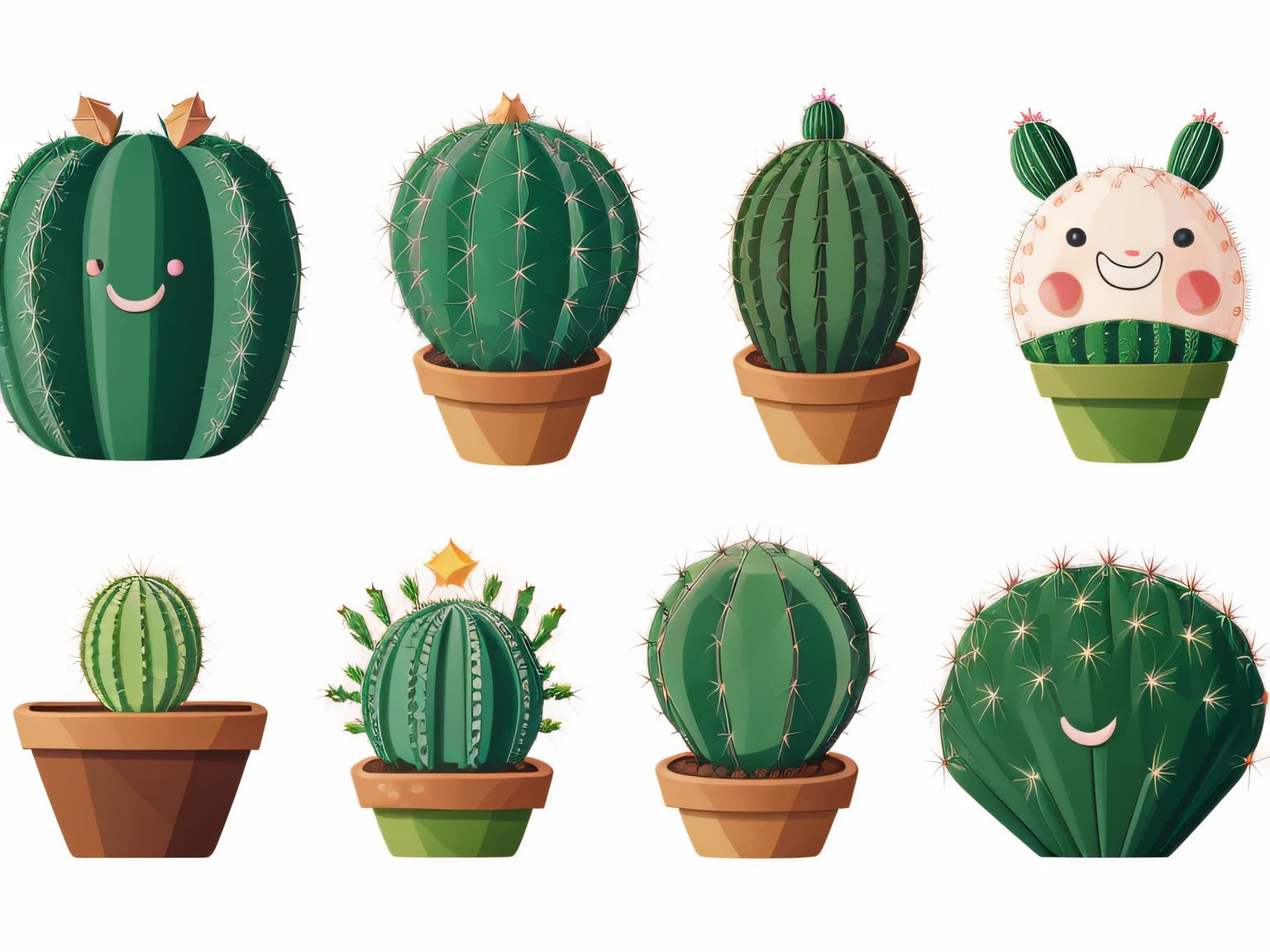 Illustration of kawaii cactus in multiple poses and expressions on white background. Cactus Book Illustration Style, adorable y divertido, transmitting joy and fun.