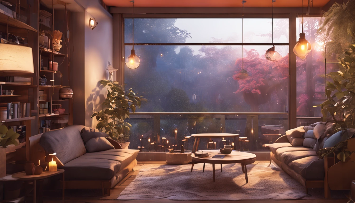 Inside a serene and cozy pension, The aroma of coffee flows and the atmosphere is soothing, Starlight streaming in out of the window,, Realistic and detailed environments,