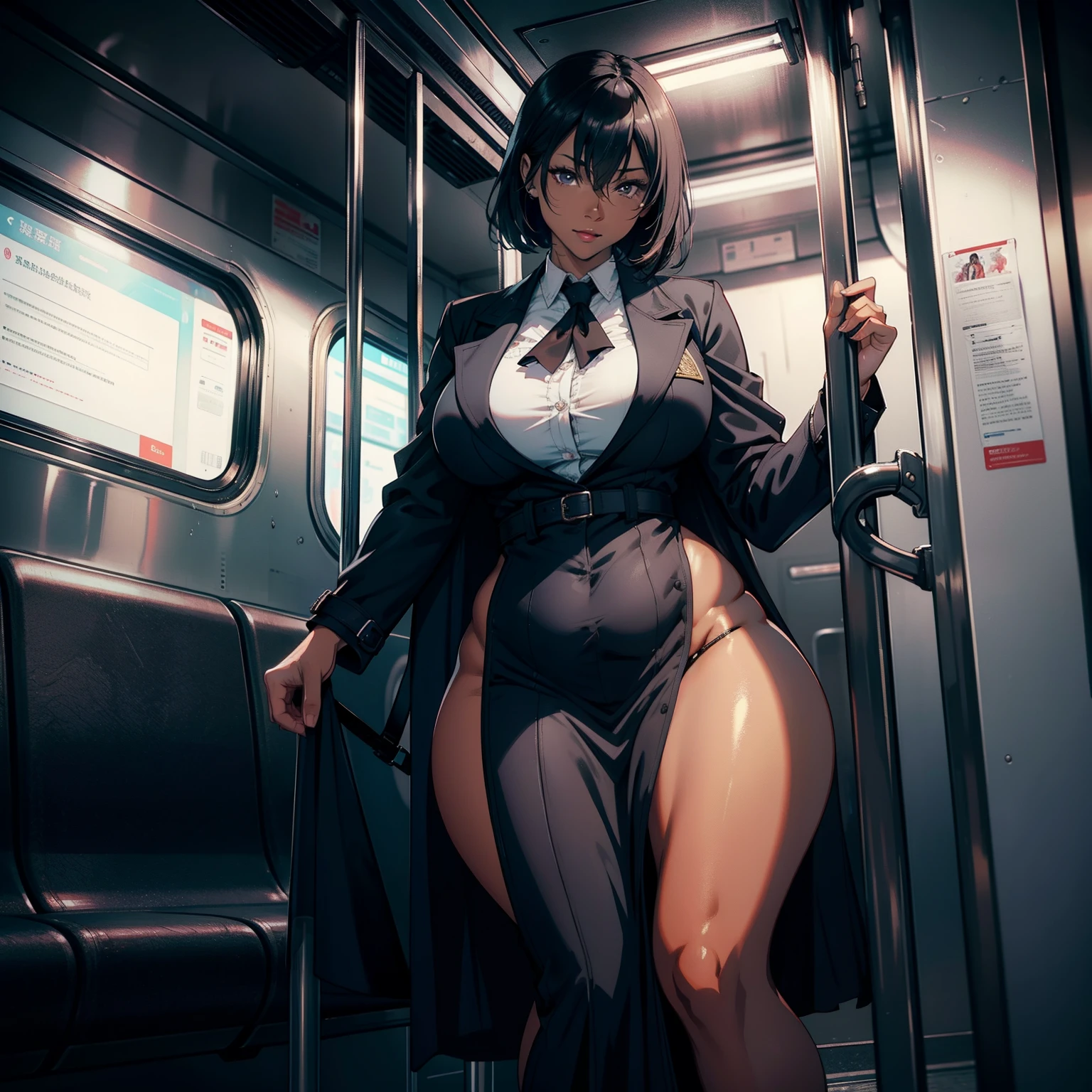 Office Lady, Long wrapped gray trench coat ,Sit in a subway seat，(dark skin),stocklings，Empty subway car in the background，trending on artstationh, Sharp focus,, Intricate details, Highly detailed,, intricate face details,Curvy physique, ((Mature female)),(Thick body),((Sexual suggestiveness))，vibrant, 4K, Intricate details, big breasts enchanting, Professional manufacturing, 12k resolution,Seductive smile，。.。.。.3D, All characters in detailed full body, Highly detailed, vibrant, Ultra high quality, hyper photorealism, Photorealism, rendering by octane