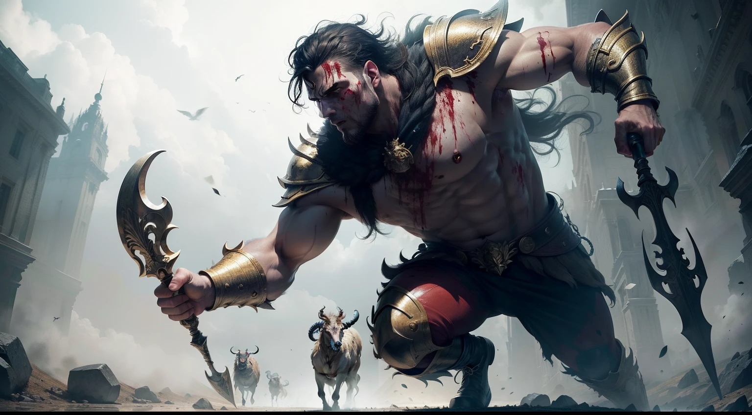A determined Jason, his face smeared with blood, striding forward with the golden fleece in his hands.