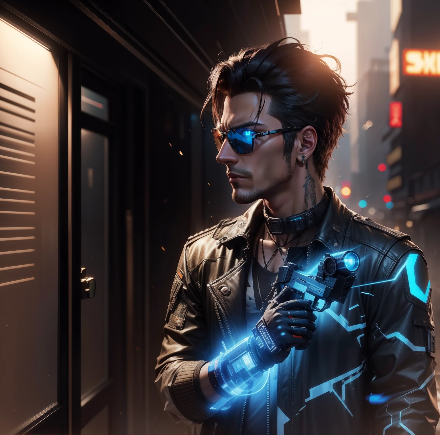 Background change cyberpunk handsome realistic,8k, realistic face wearing sunglass and have a gun on hand