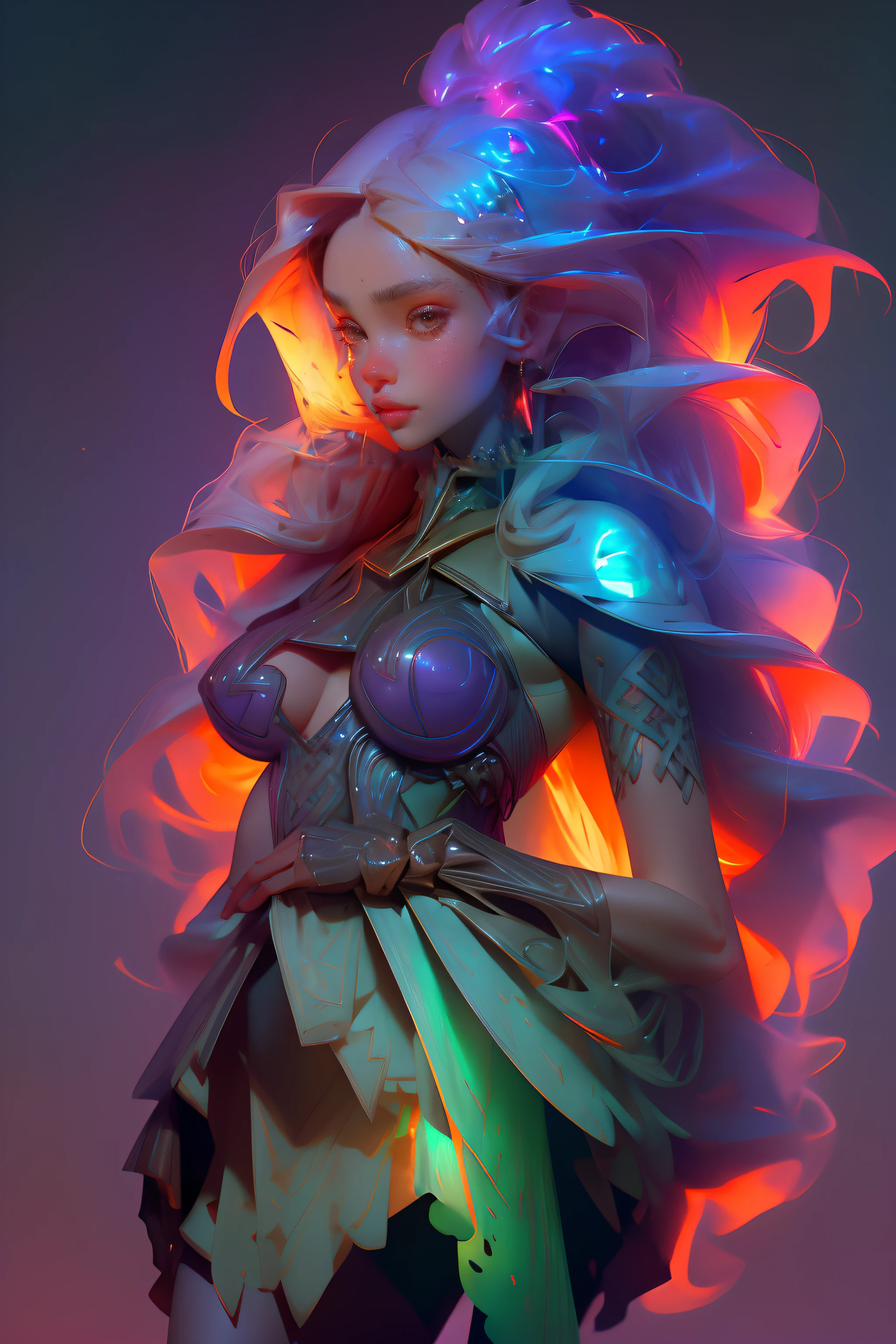 a Elf Knight standing, (floating_long_hair:1.3), (detailed eyes:1.5), beauty face, cool vibe, fashion_model_pose, glowing glyphs, graphite, gold, unique, reflection, detailed texture, detailed pattern, (glowing aura:1.2), fantasy, fantastic, sharp, rainbow crystals, storm aura, floating:1.4, ((purple aura, green aura)), shine:1.3, (((looking viewer))), perfect anatomy, (tall body, beauty body), (chuppy body:1.4), (big_boobs:1.3), badass_girl, ((revealing clothes)), nijistyle, green_glowing, full_body, Golden+Purle clothes, stylish, (masterpiece:1.2), (best quality), 4k, ultra-detailed, (dynamic composition: 1.4), layout art, (luminous lighting, atmospheric lighting), Final Fantasy style, magical, ((glove full hands)), fran, viera, helmet, revealing clothes, detailed_clothes:1.3, vambraces, armored legwear, (((perfect_anatomy:1.4))