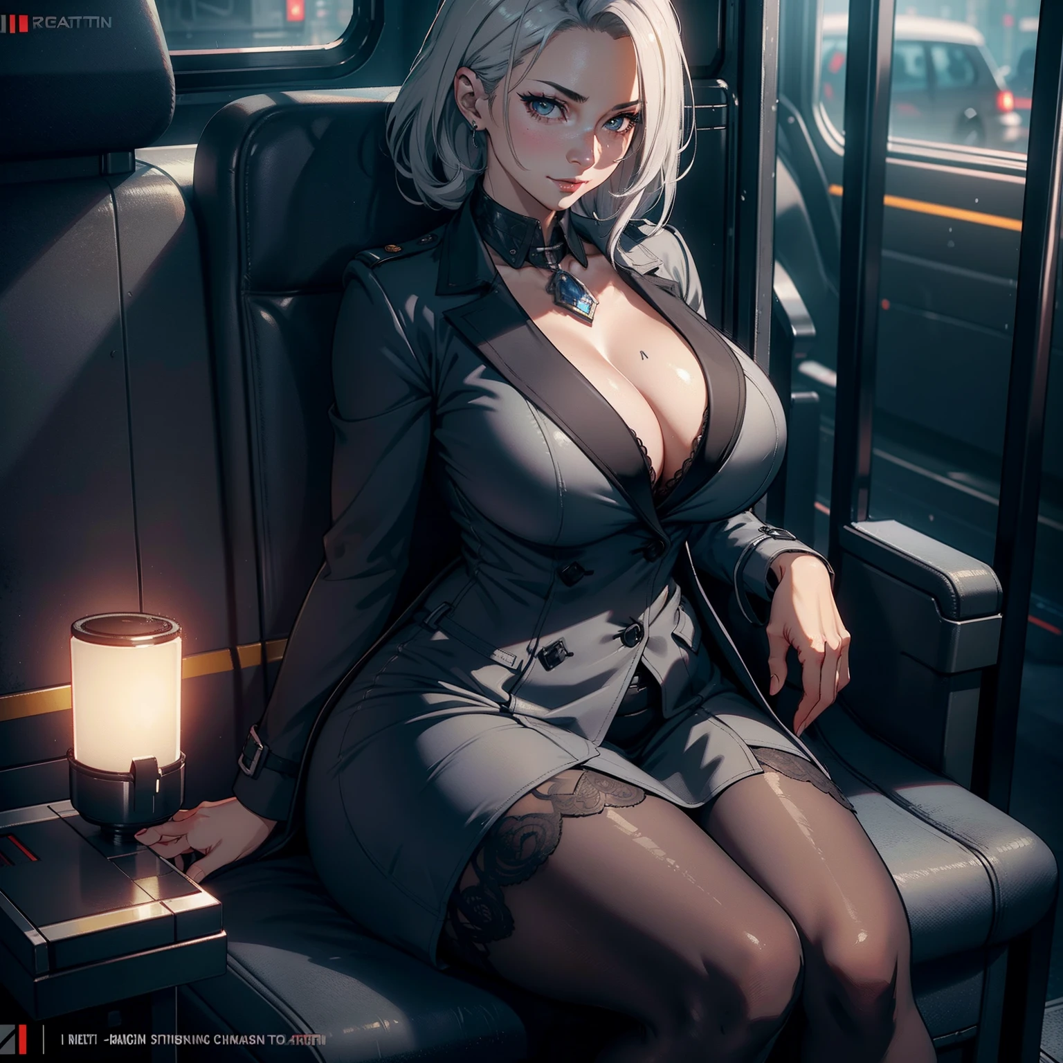 Office Lady, long Gray trench coat ,((close-up on breasts)),Sit in a subway seat，stocklings，The background is an empty subway car，trending on artstationh, Sharp focus,, Intricate details, Highly detailed,, intricate face details,Curvy physique, ((mature female)),(Thick body),((Sexual suggestiveness))，vibrant, 4K, Intricate details, big breasts enchanting, Professional manufacturing, 12k resolution,Seductive smile，。.3D, All characters in detailed full body, Highly detailed, vibrant, Ultra high quality, hyper photorealism, Photorealism, rendering by octane