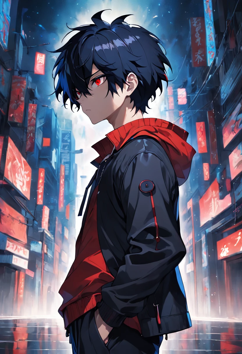 1boy,dark blue hair,black blindfold,wearing black jacket with hints of red,black slacks,abstract background,high res, ultrasharp,8K, masterpiece,
